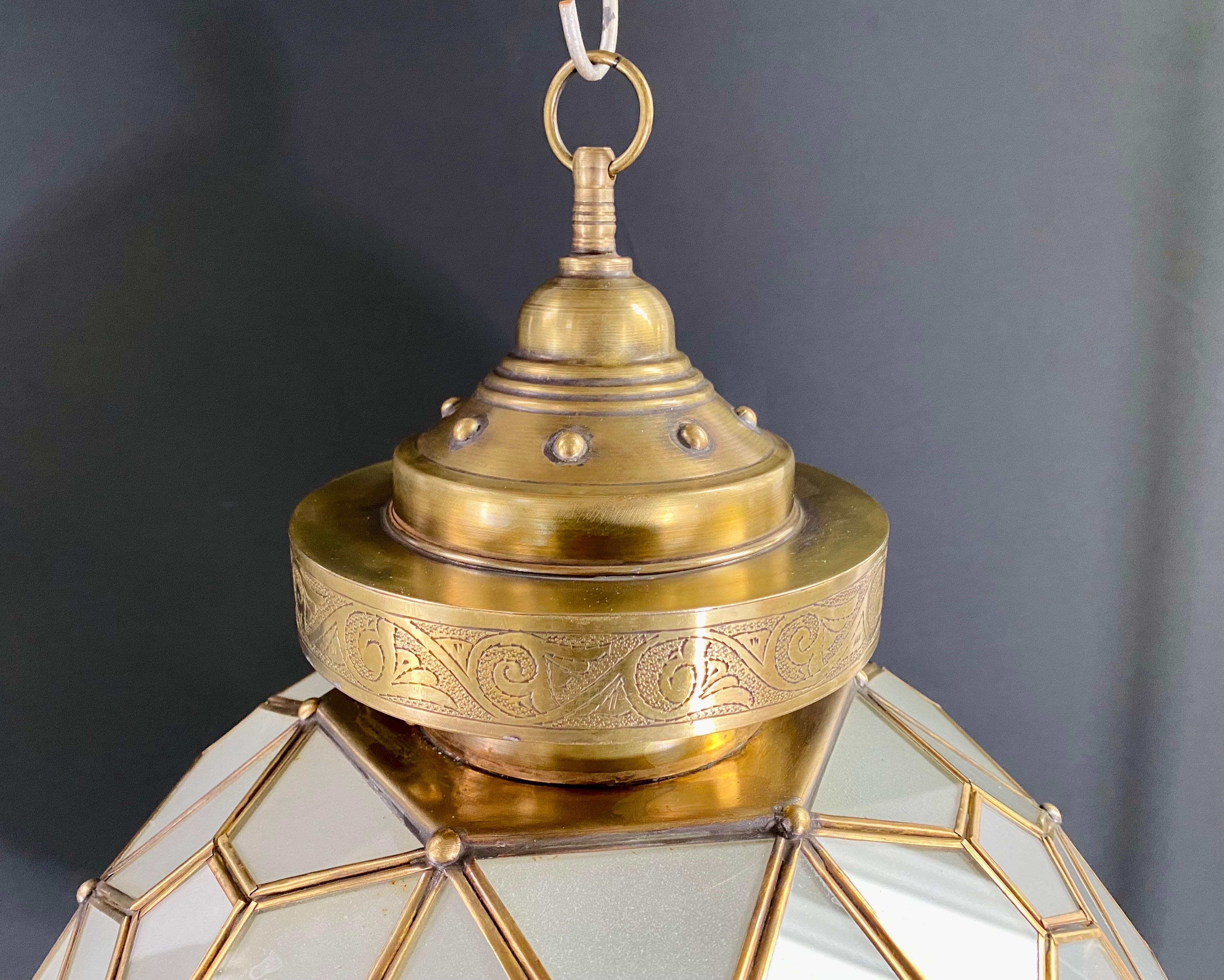 Art Deco Style Globe Milk Glass & Brass Chandelier, Pendant or Lantern, a Pair  For Sale 1