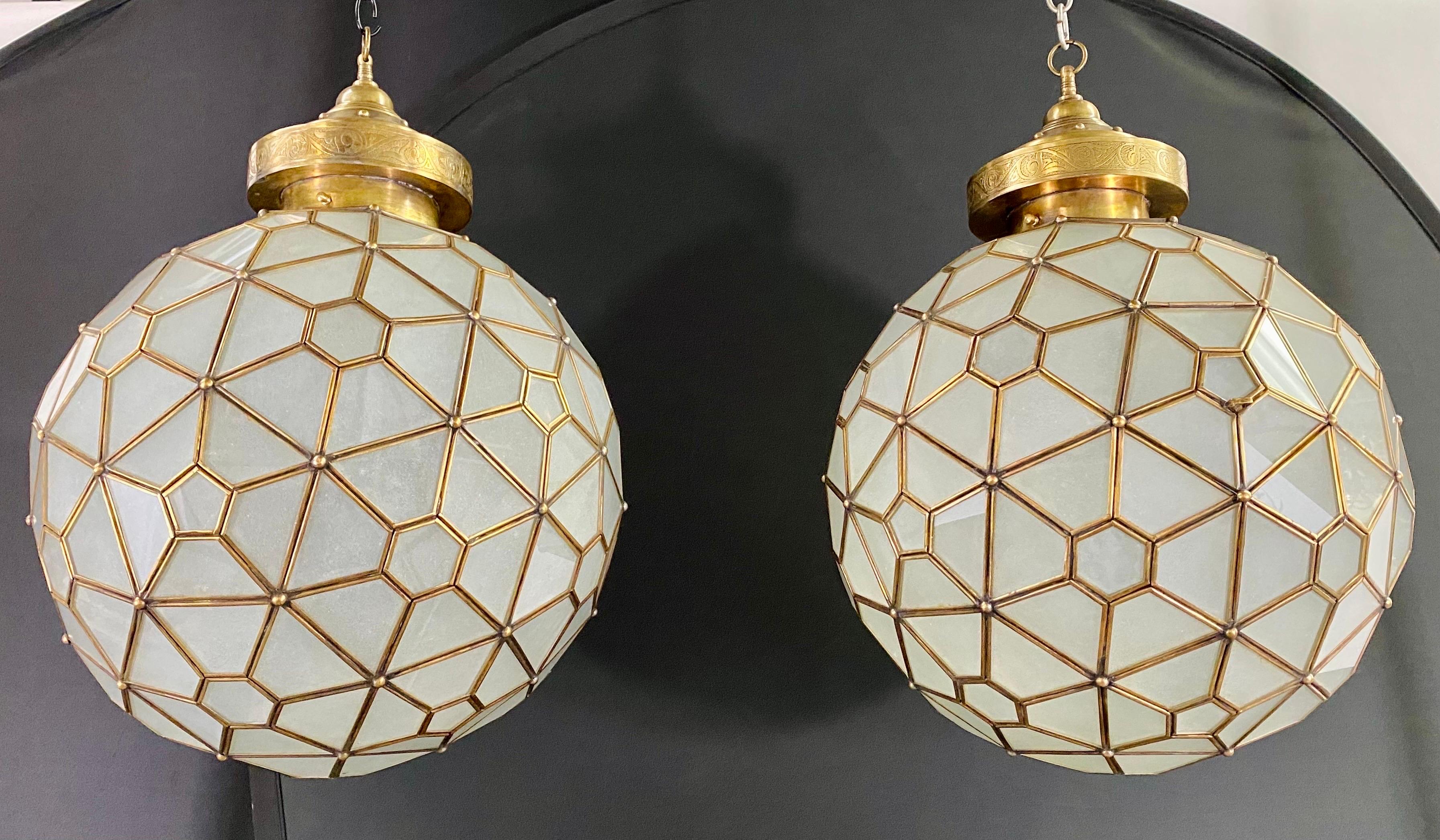 Art Deco Style Globe Milk Glass & Brass Chandelier, Pendant or Lantern, a Pair  For Sale 2