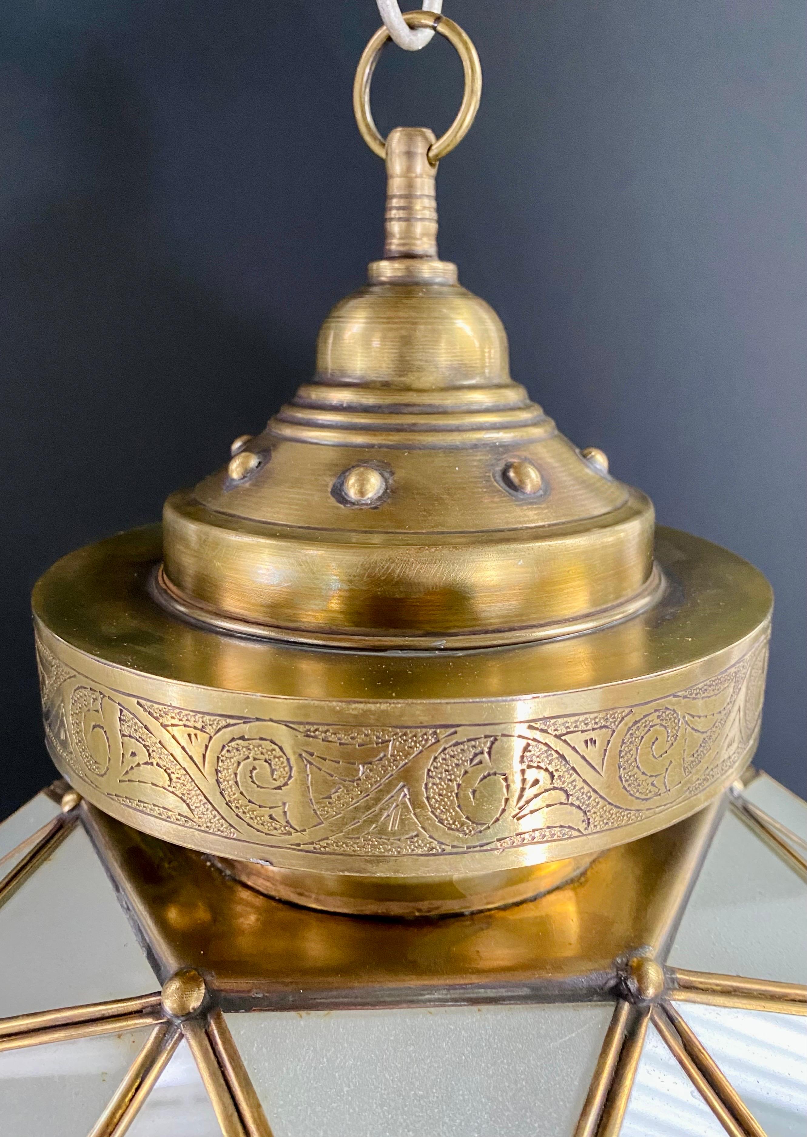 Art Deco Style Globe Milk Glass & Brass Chandelier, Pendant or Lantern, a Pair  For Sale 3