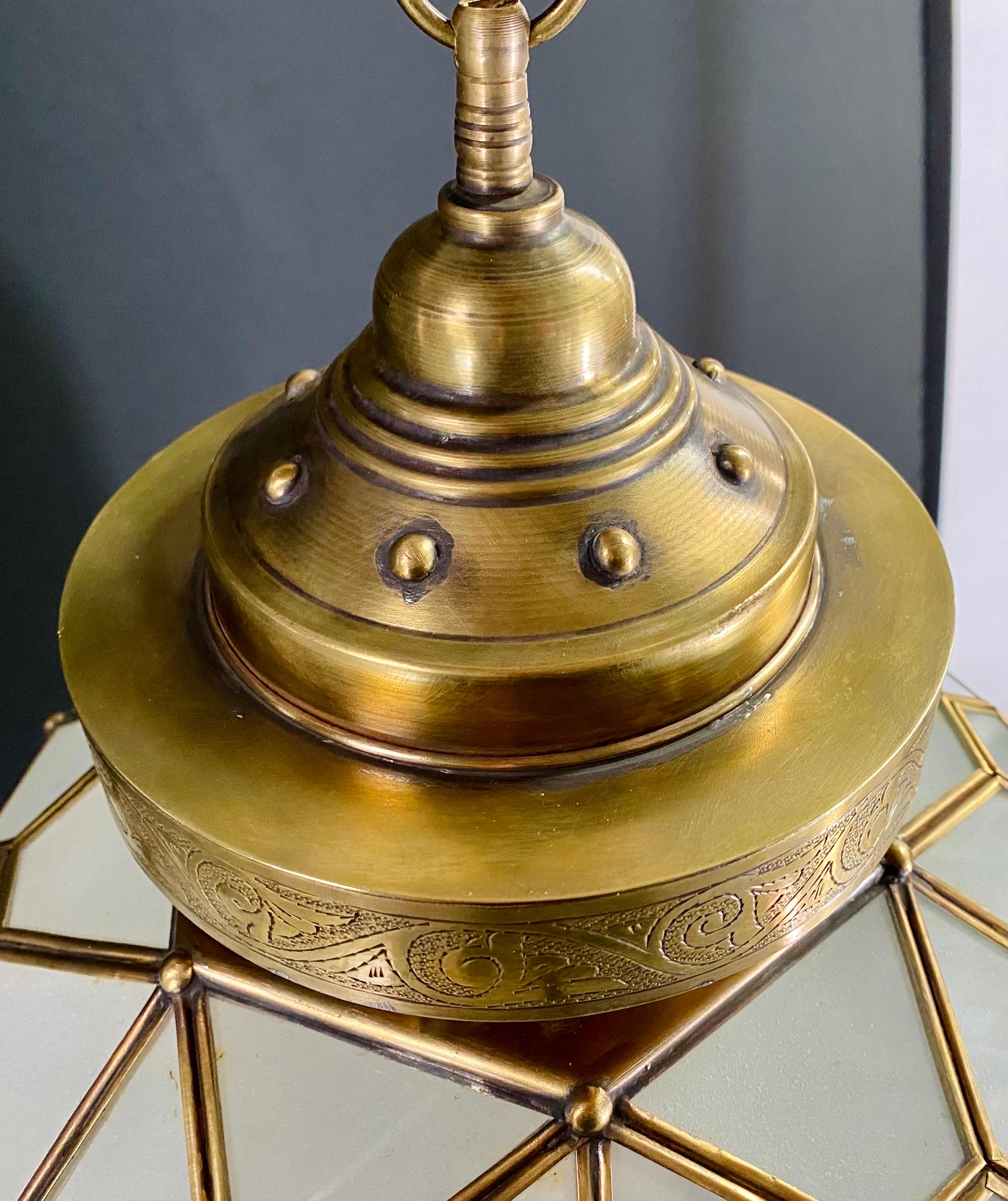 Art Deco Style Globe Milk Glass & Brass Chandelier, Pendant or Lantern, a Pair  For Sale 4
