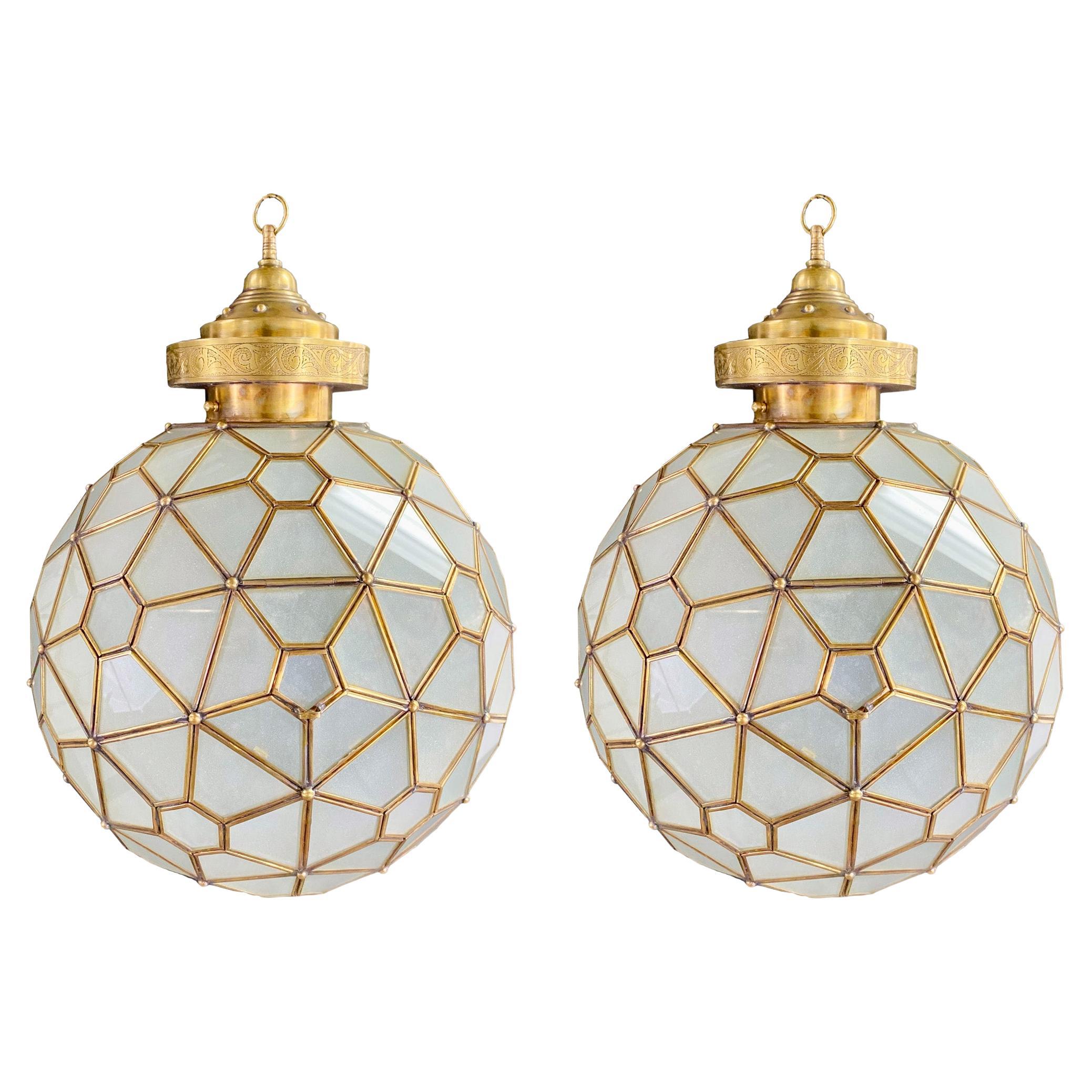 Art Deco Style Globe Milk Glass & Brass Chandelier, Pendant or Lantern, a Pair 