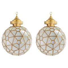 Art Deco Style Globe Milk Glass & Brass Chandelier, Pendant or Lantern, a Pair 