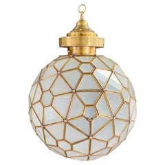 Art Deco Style Globe White Milk Glass & Brass Pendant Chandelier Lantern