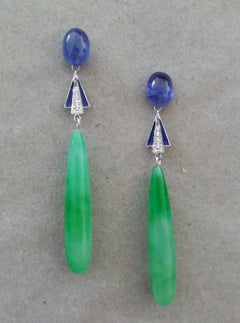Art Deco Style Gold Blue Sapphire Diamonds Enamel Engraved Jade Drops Earrings
