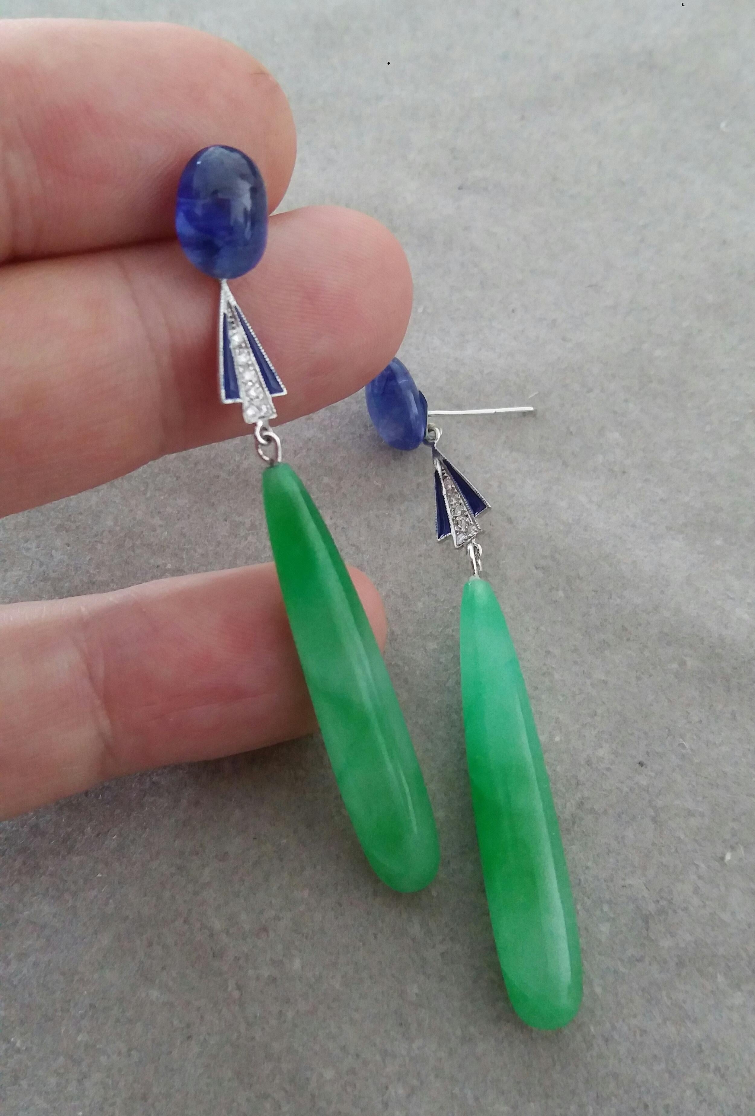 Women's Art Deco Style Gold Blue Sapphire Diamonds Enamel Engraved Jade Drops Earrings