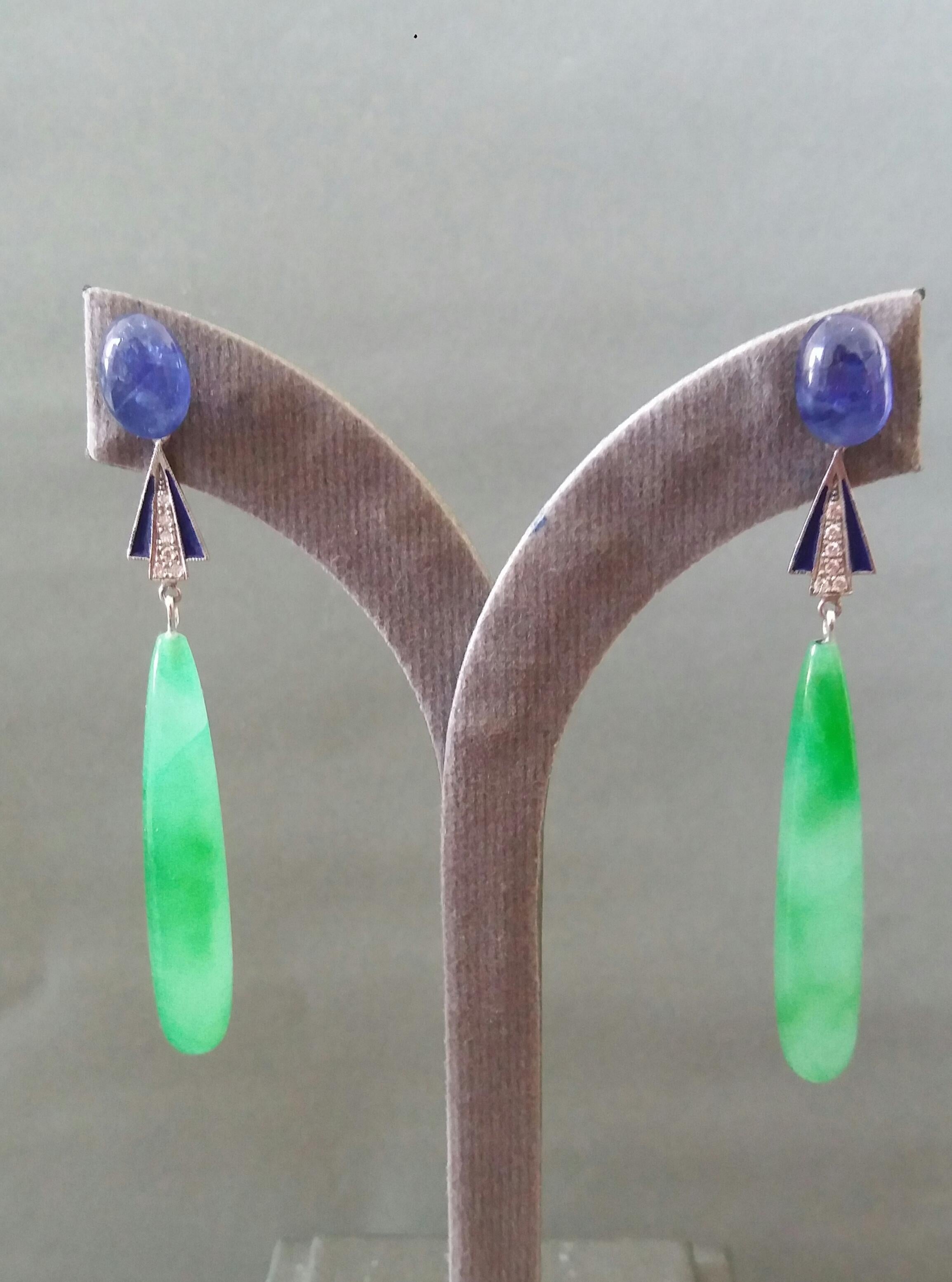 Art Deco Style Gold Blue Sapphire Diamonds Enamel Engraved Jade Drops Earrings 4