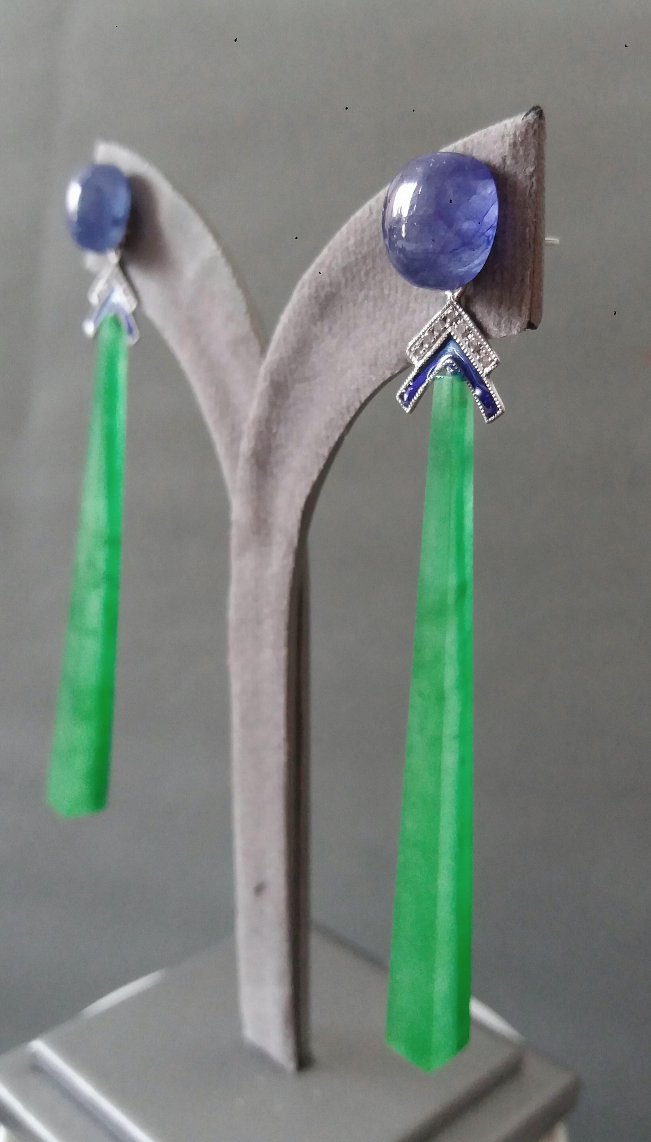 Art Deco Style Gold Blue Sapphire Diamonds Enamel Jade Sticks Dangle Earrings 6