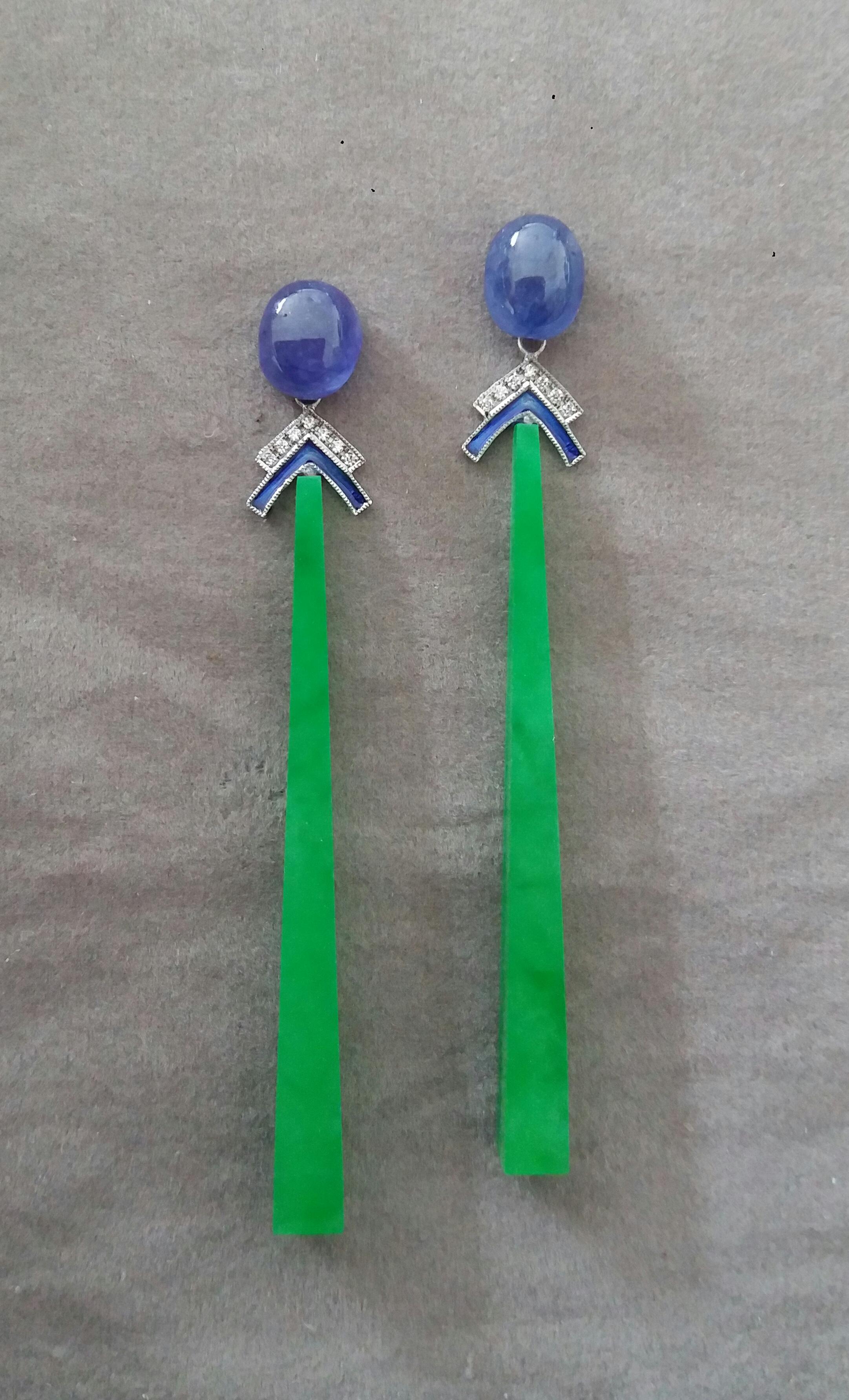 Art Deco Style Gold Blue Sapphire Diamonds Enamel Jade Sticks Dangle Earrings For Sale 11