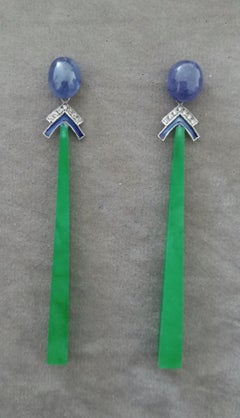 Art Deco Style Gold Blue Sapphire Diamonds Enamel Jade Sticks Dangle Earrings