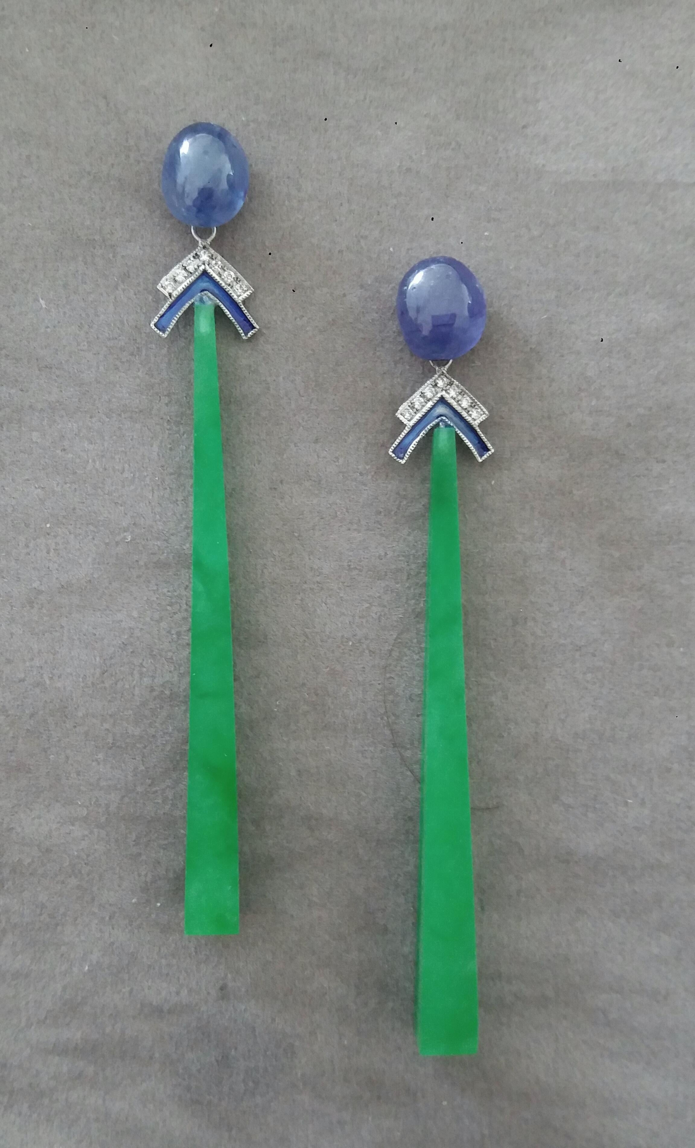 Mixed Cut Art Deco Style Gold Blue Sapphire Diamonds Enamel Jade Sticks Dangle Earrings