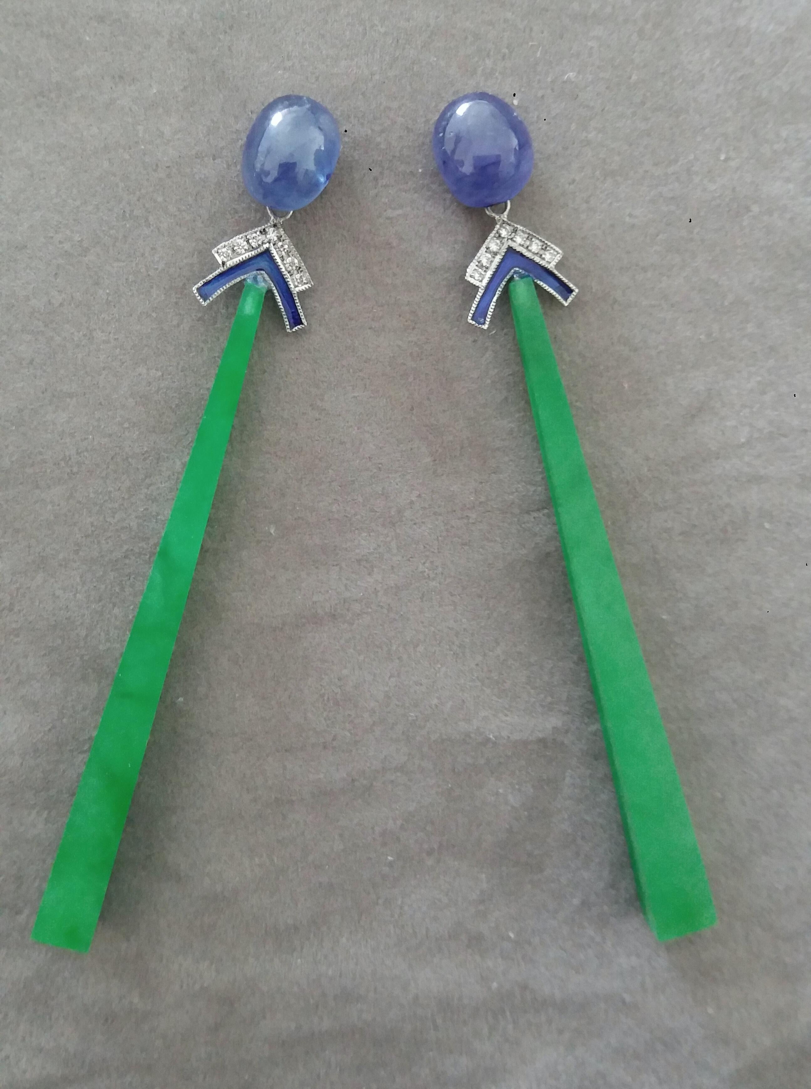 Women's Art Deco Style Gold Blue Sapphire Diamonds Enamel Jade Sticks Dangle Earrings