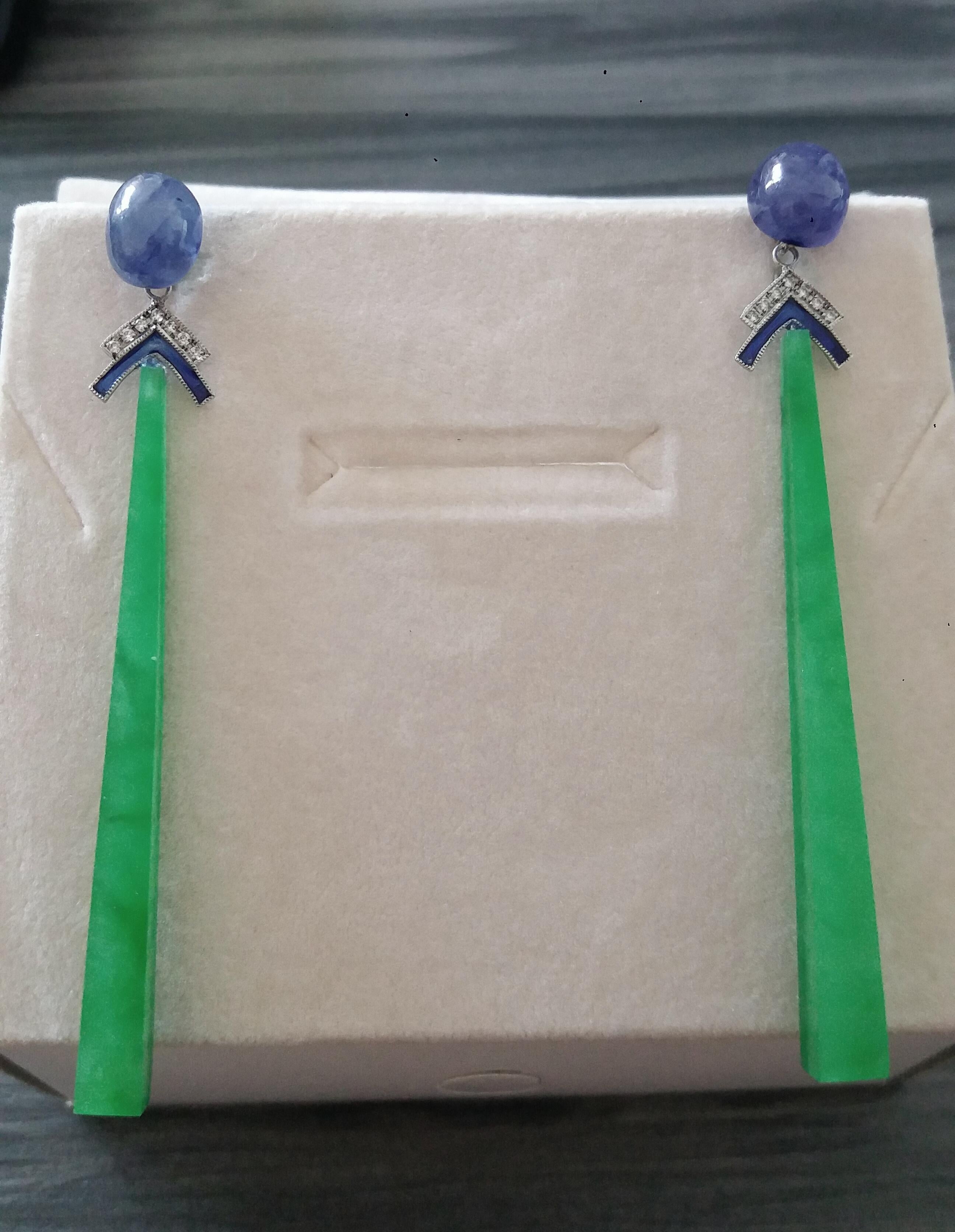 Art Deco Style Gold Blue Sapphire Diamonds Enamel Jade Sticks Dangle Earrings 3