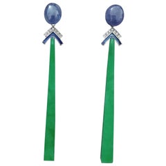 Art Deco Style Gold Blue Sapphire Diamonds Enamel Jade Sticks Dangle Earrings