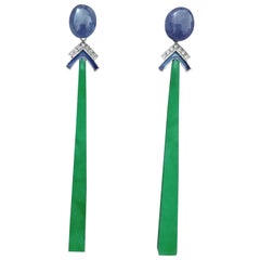 Boucles d'oreilles Art Déco Or Bleu Saphir Diamants Émail Jade Sticks Dangle