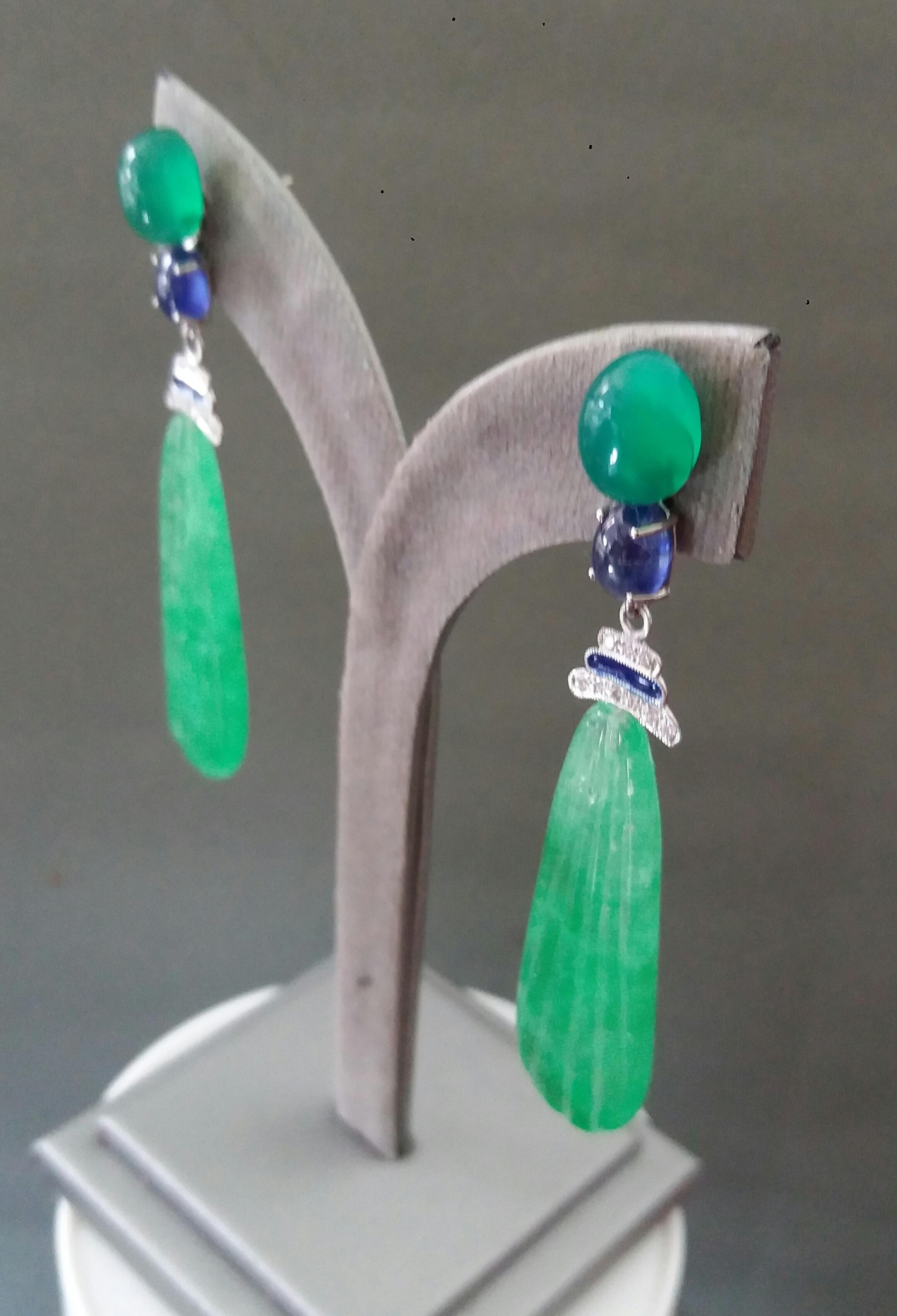Art Deco Style Gold Blue Sapphire Green Onyx Diamonds Enamel Jade Drops Earrings For Sale 5