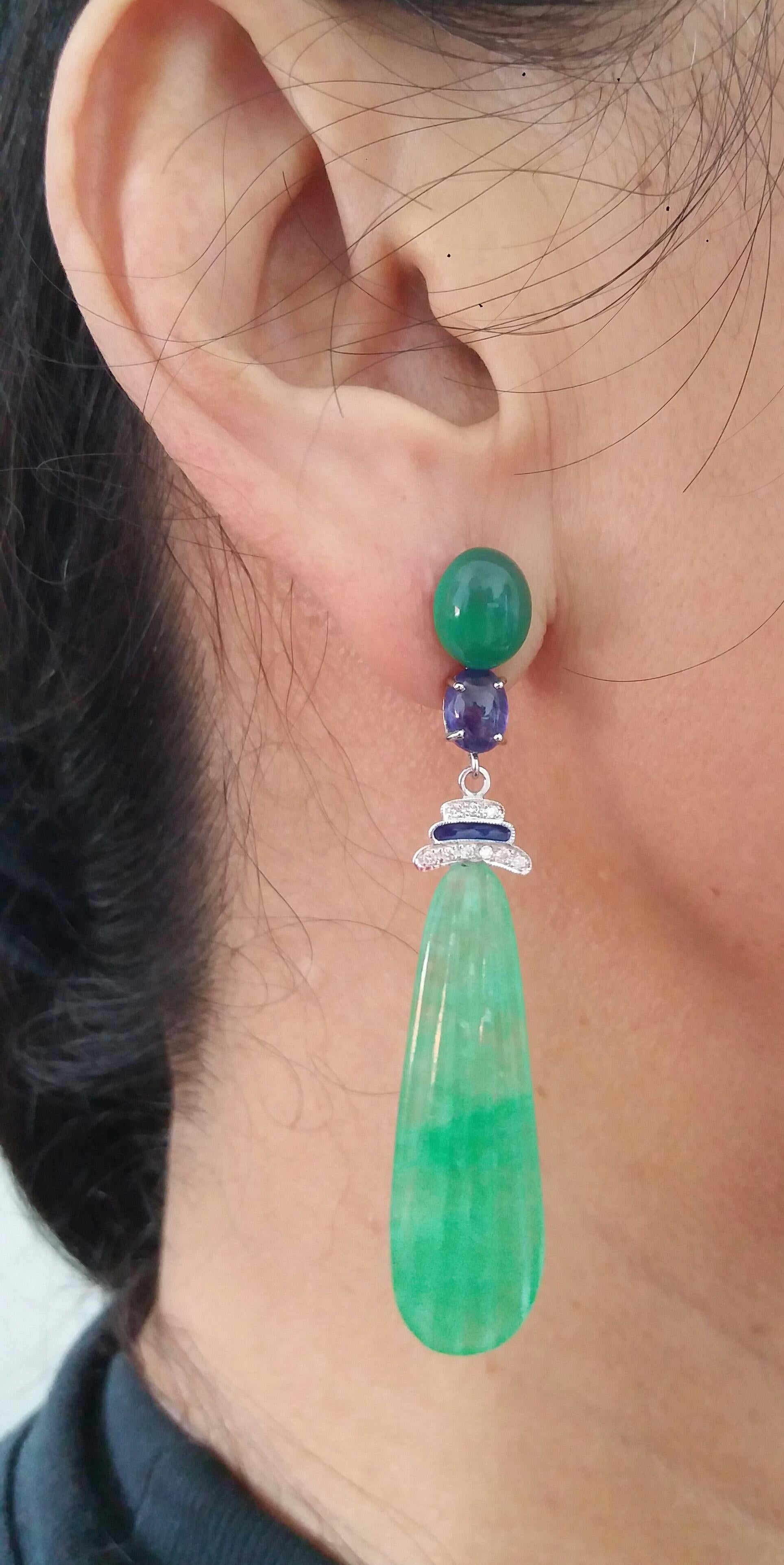 Art Deco Style Gold Blue Sapphire Green Onyx Diamonds Enamel Jade Drops Earrings 6