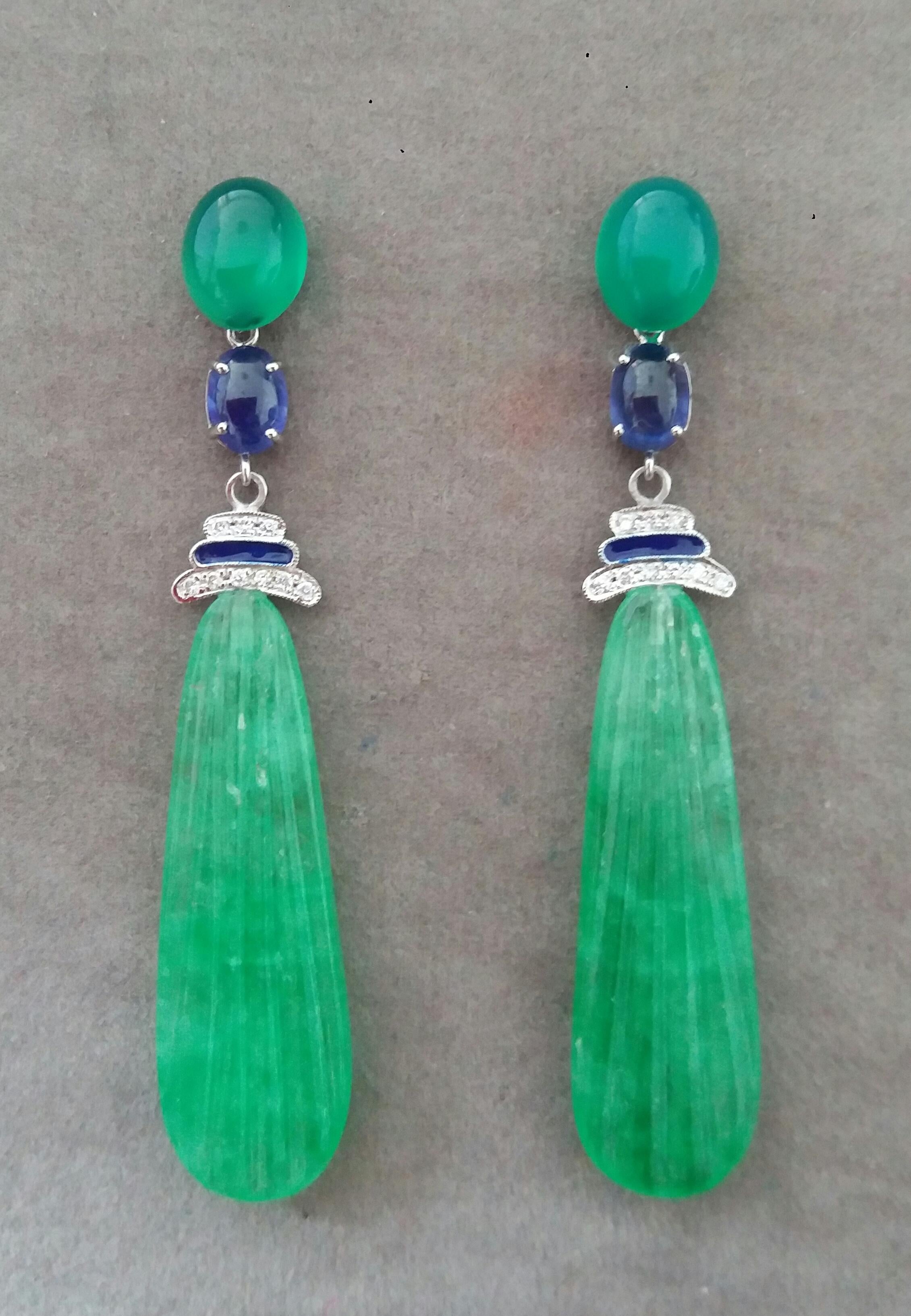In these Classic Art Deco style earrings we have 2 very good quality Natural Green Onyx  and 2 Thai Blue Sapphire cabochons as  tops, middle parts are in white gold ,14 round full cut diamonds and blue enamel,while in the lower parts there are 2