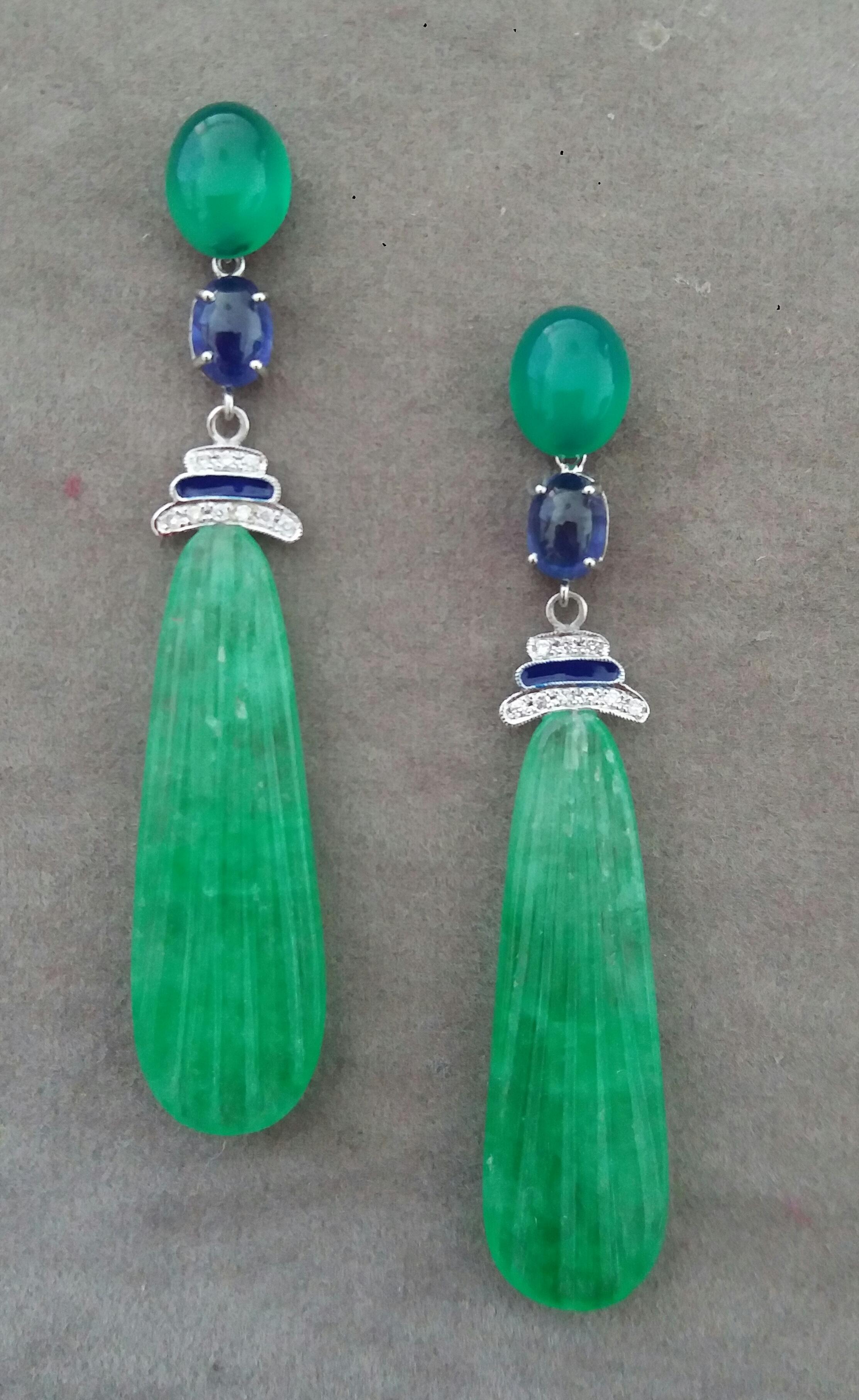 Mixed Cut Art Deco Style Gold Blue Sapphire Green Onyx Diamonds Enamel Jade Drops Earrings