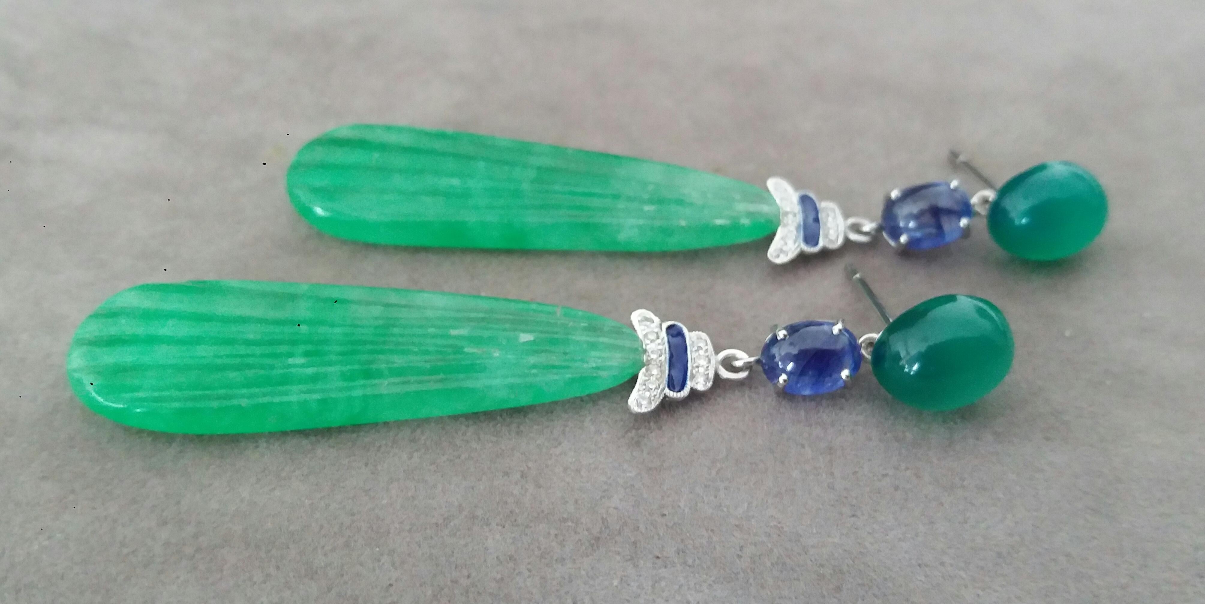 Women's Art Deco Style Gold Blue Sapphire Green Onyx Diamonds Enamel Jade Drops Earrings