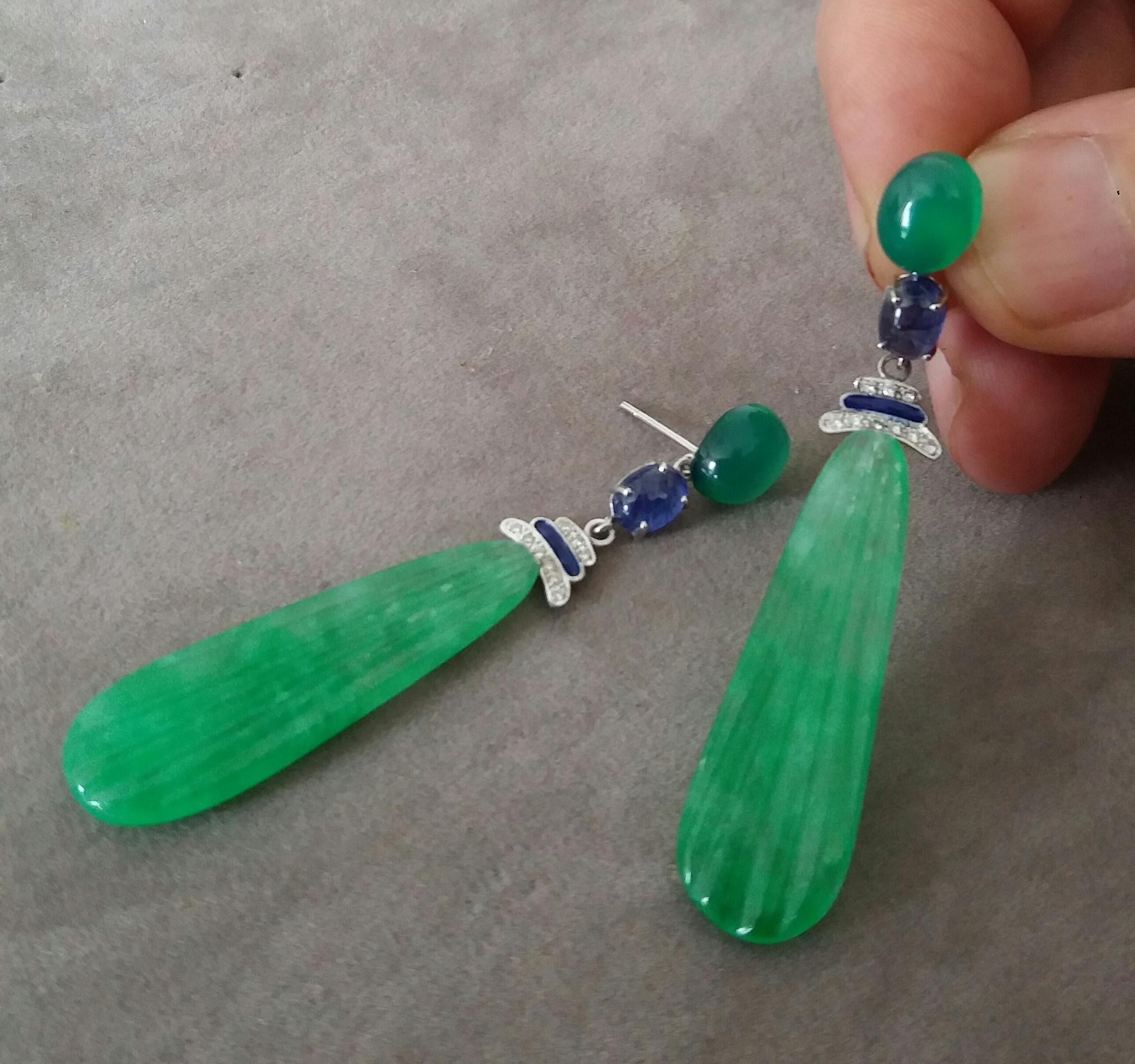 Art Deco Style Gold Blue Sapphire Green Onyx Diamonds Enamel Jade Drops Earrings 1