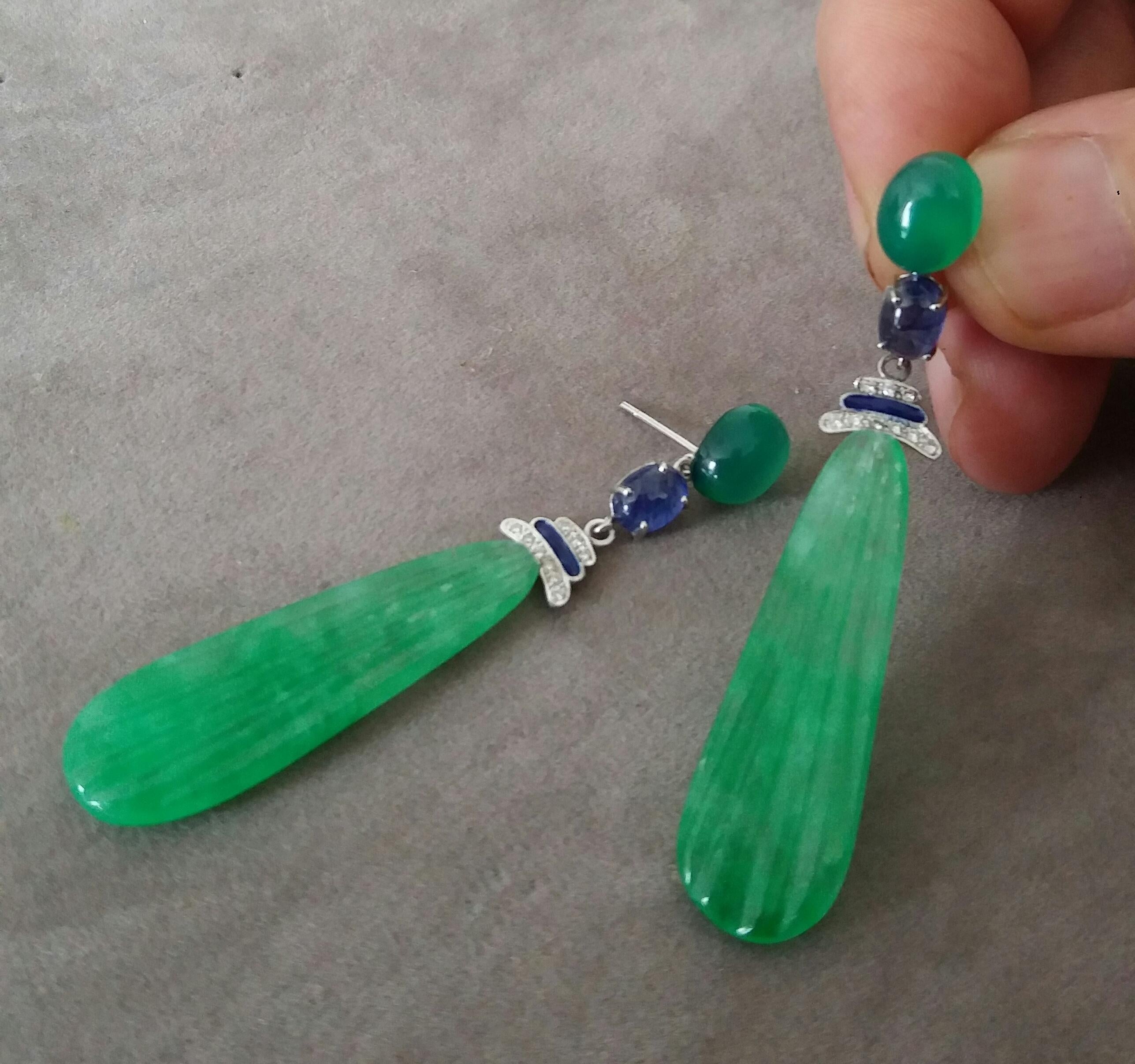 Art Deco Style Gold Blue Sapphire Green Onyx Diamonds Enamel Jade Drops Earrings For Sale 1