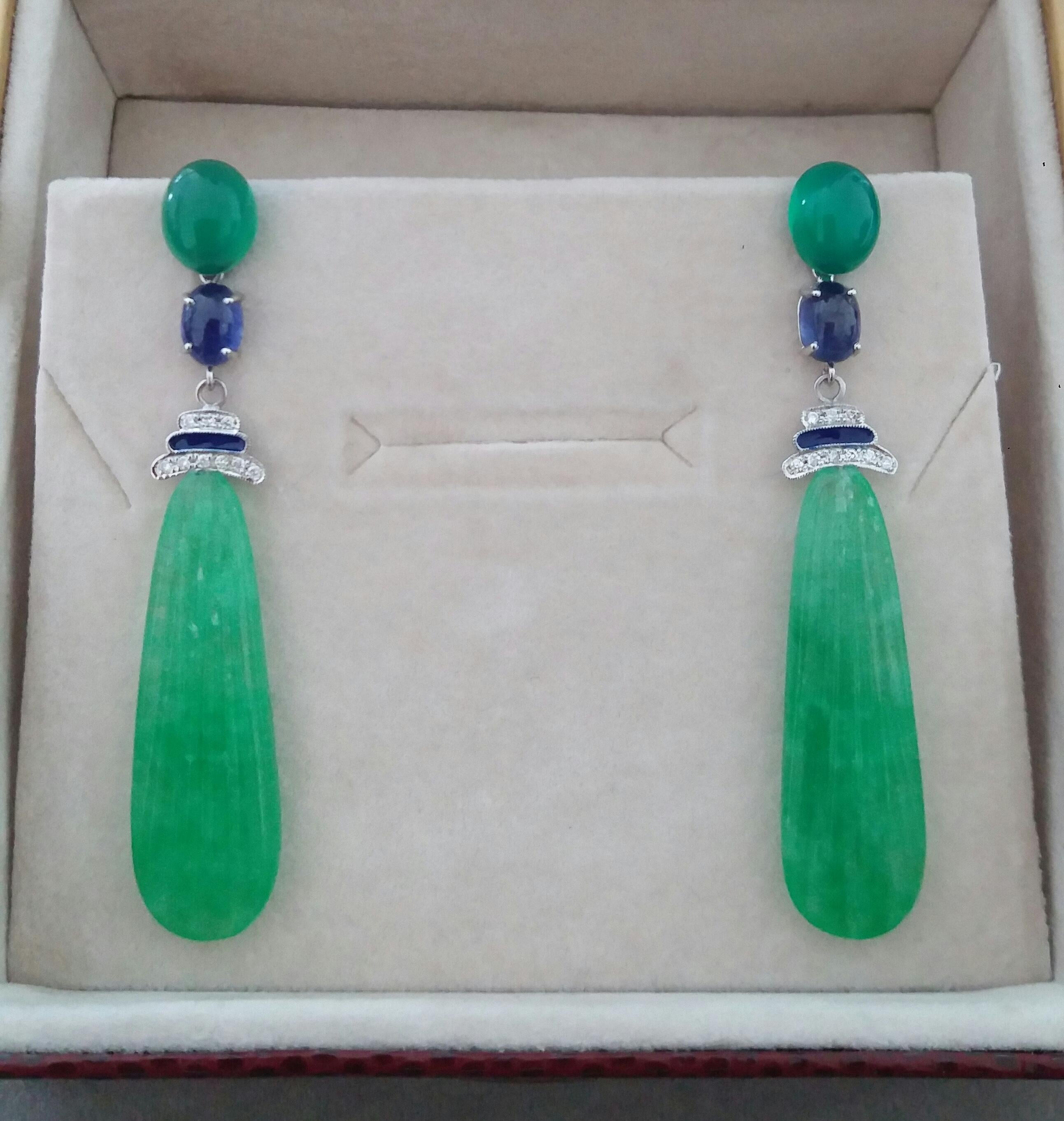 Art Deco Style Gold Blue Sapphire Green Onyx Diamonds Enamel Jade Drops Earrings For Sale 2
