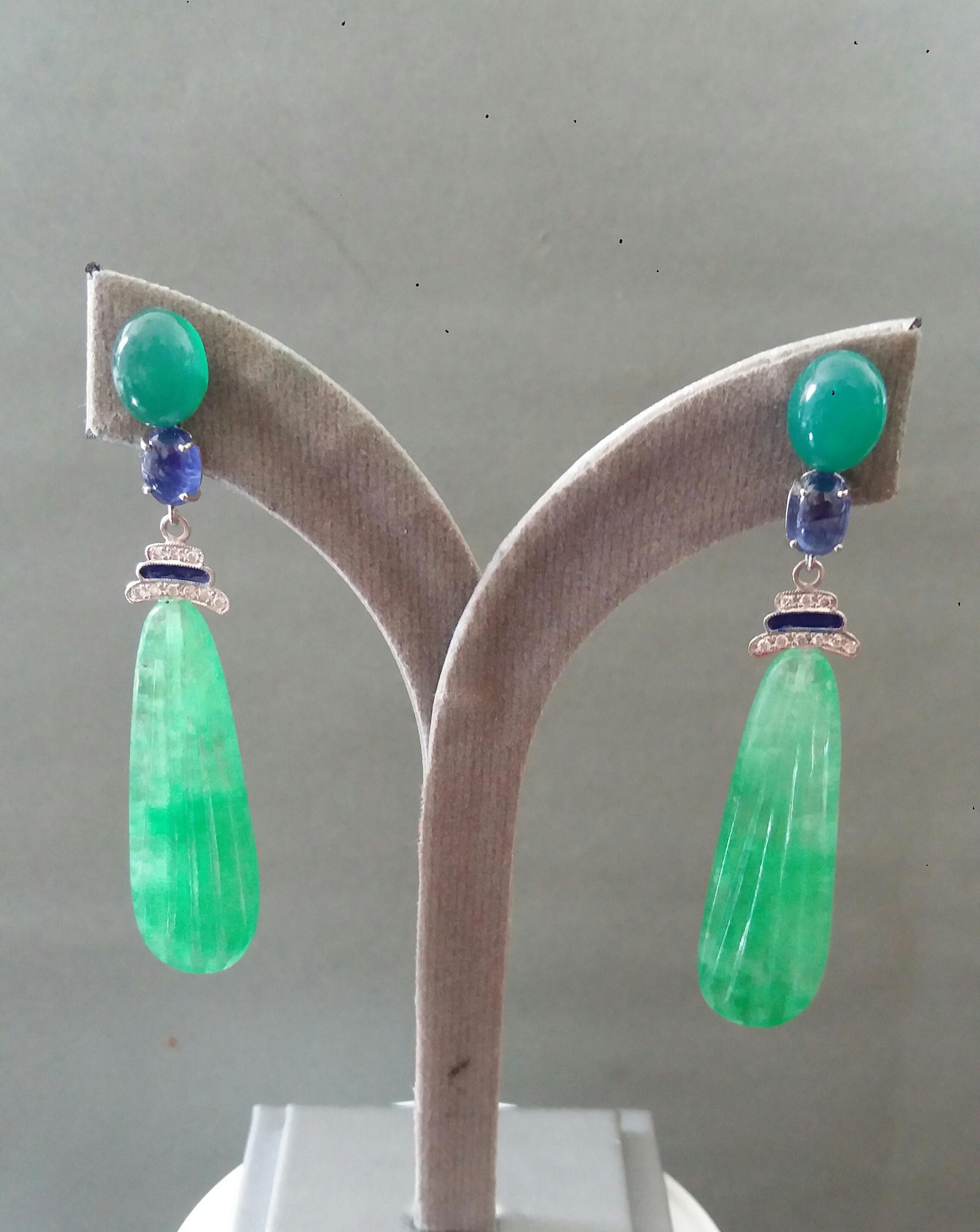 Art Deco Style Gold Blue Sapphire Green Onyx Diamonds Enamel Jade Drops Earrings 4