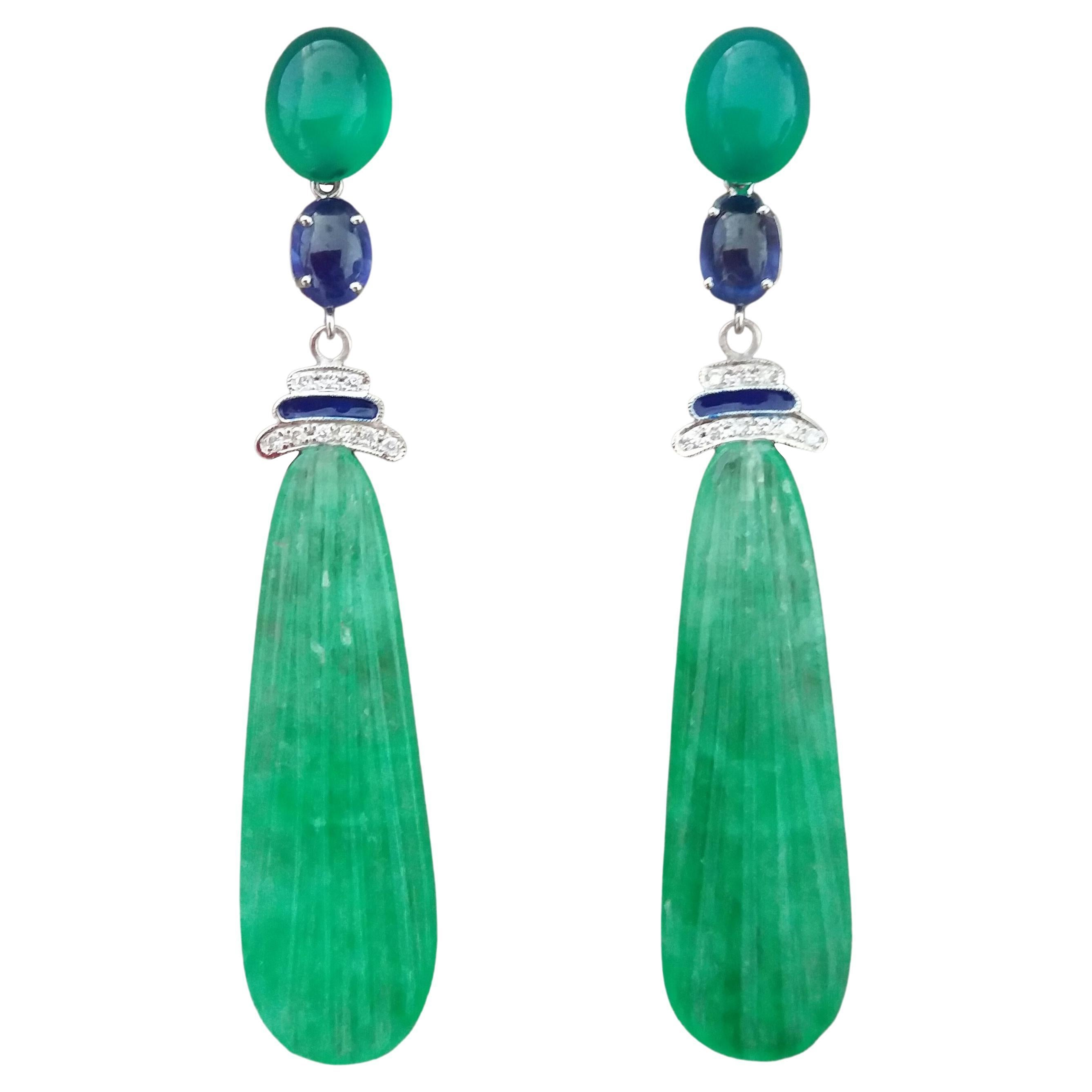 Orecchini in stile Art Déco in oro, zaffiro blu, onice verde, diamanti, smalto e gocce di giada