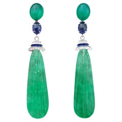 Art Deco Style Gold Blue Sapphire Green Onyx Diamonds Enamel Jade Drops Earrings