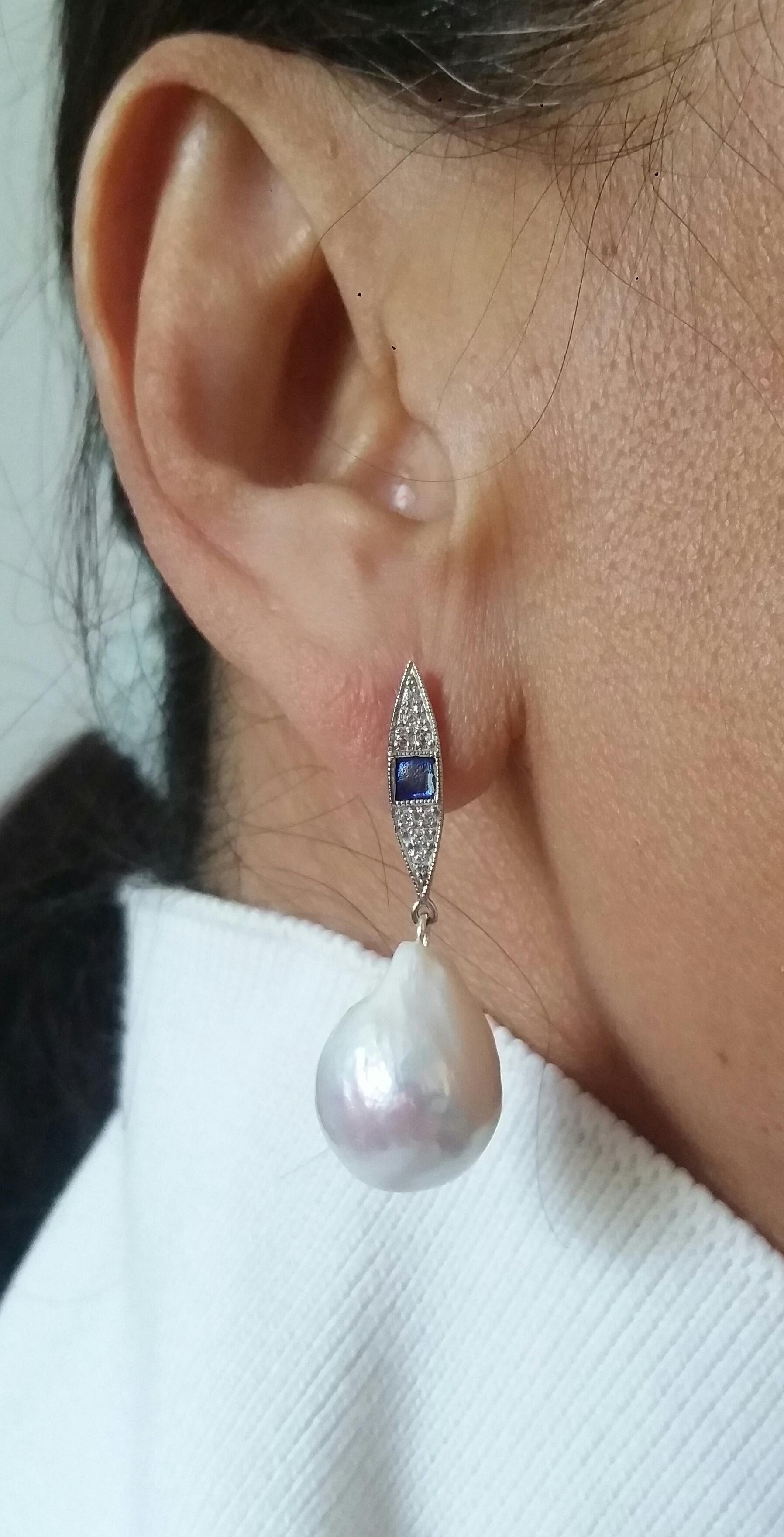 Art Deco Style Gold Diamonds Blue Enamel Pear Shape Baroque Pearls Earrings For Sale 5