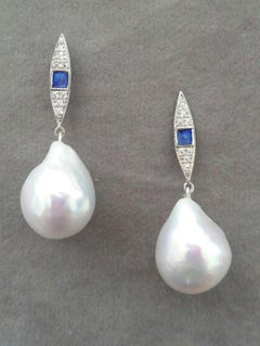 Art Deco Style Gold Diamonds Blue Enamel Pear Shape Baroque Pearls Earrings