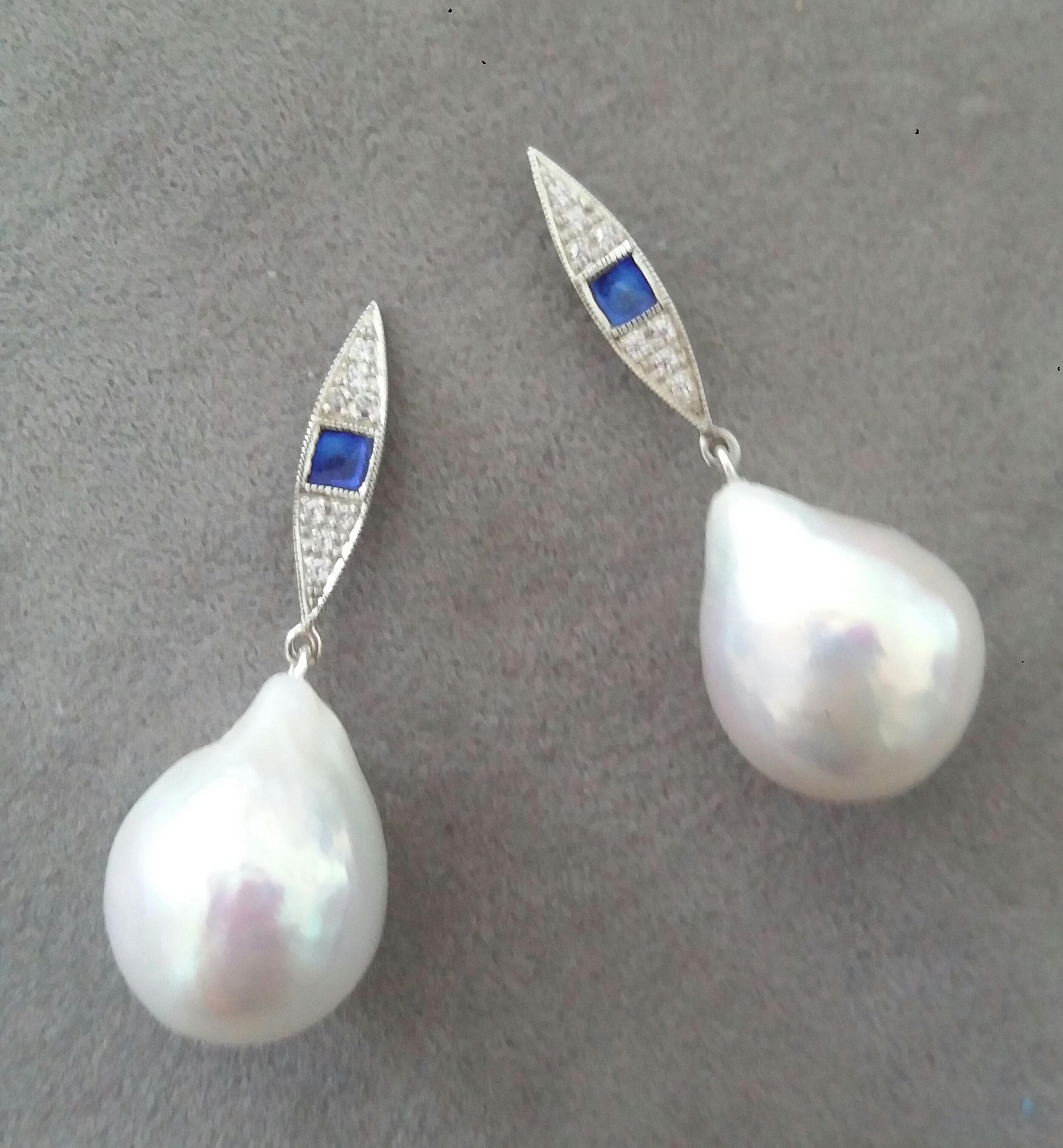 Pear Cut Art Deco Style Gold Diamonds Blue Enamel Pear Shape Baroque Pearls Earrings For Sale