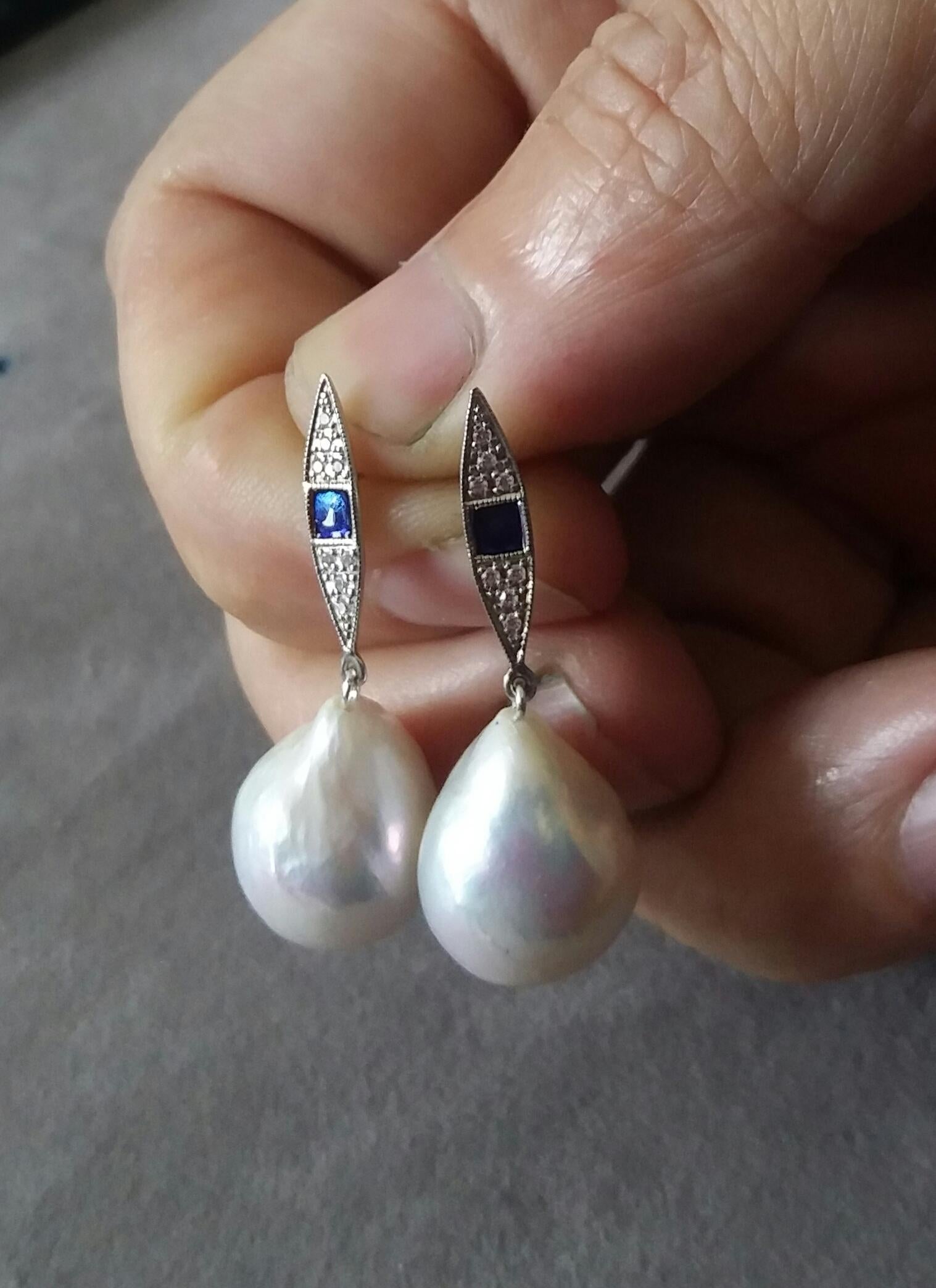 Pear Cut Art Deco Style Gold Diamonds Blue Enamel Pear Shape Baroque Pearls Earrings