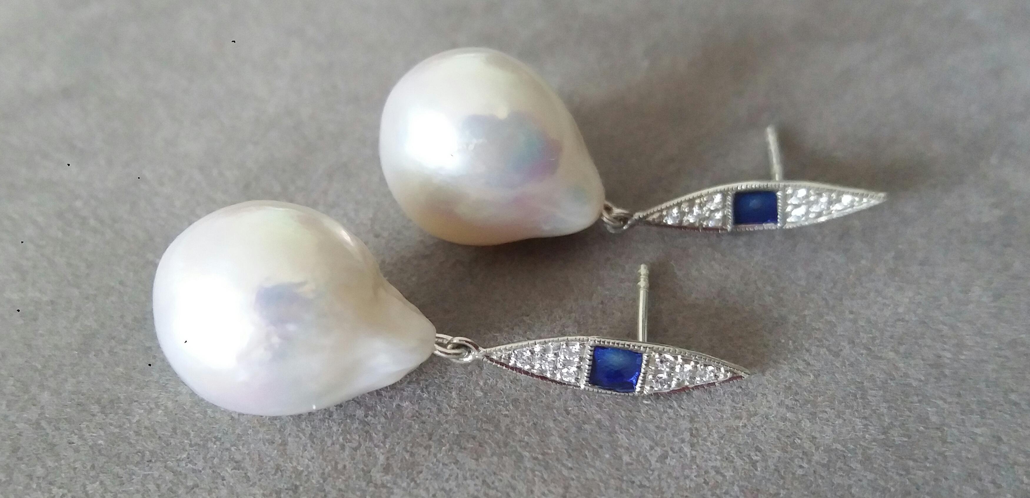 Women's Art Deco Style Gold Diamonds Blue Enamel Pear Shape Baroque Pearls Earrings For Sale