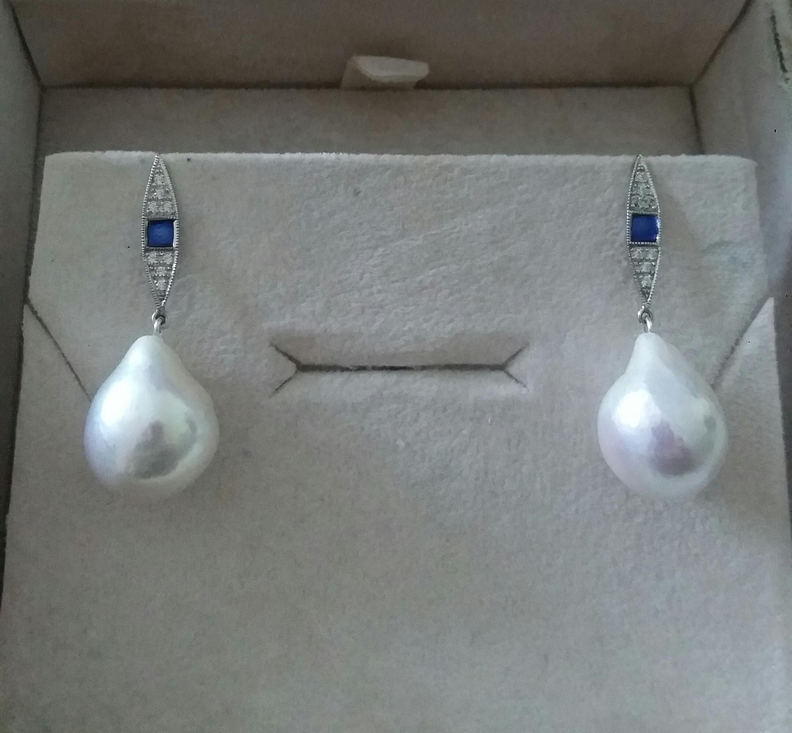 Women's Art Deco Style Gold Diamonds Blue Enamel Pear Shape Baroque Pearls Earrings