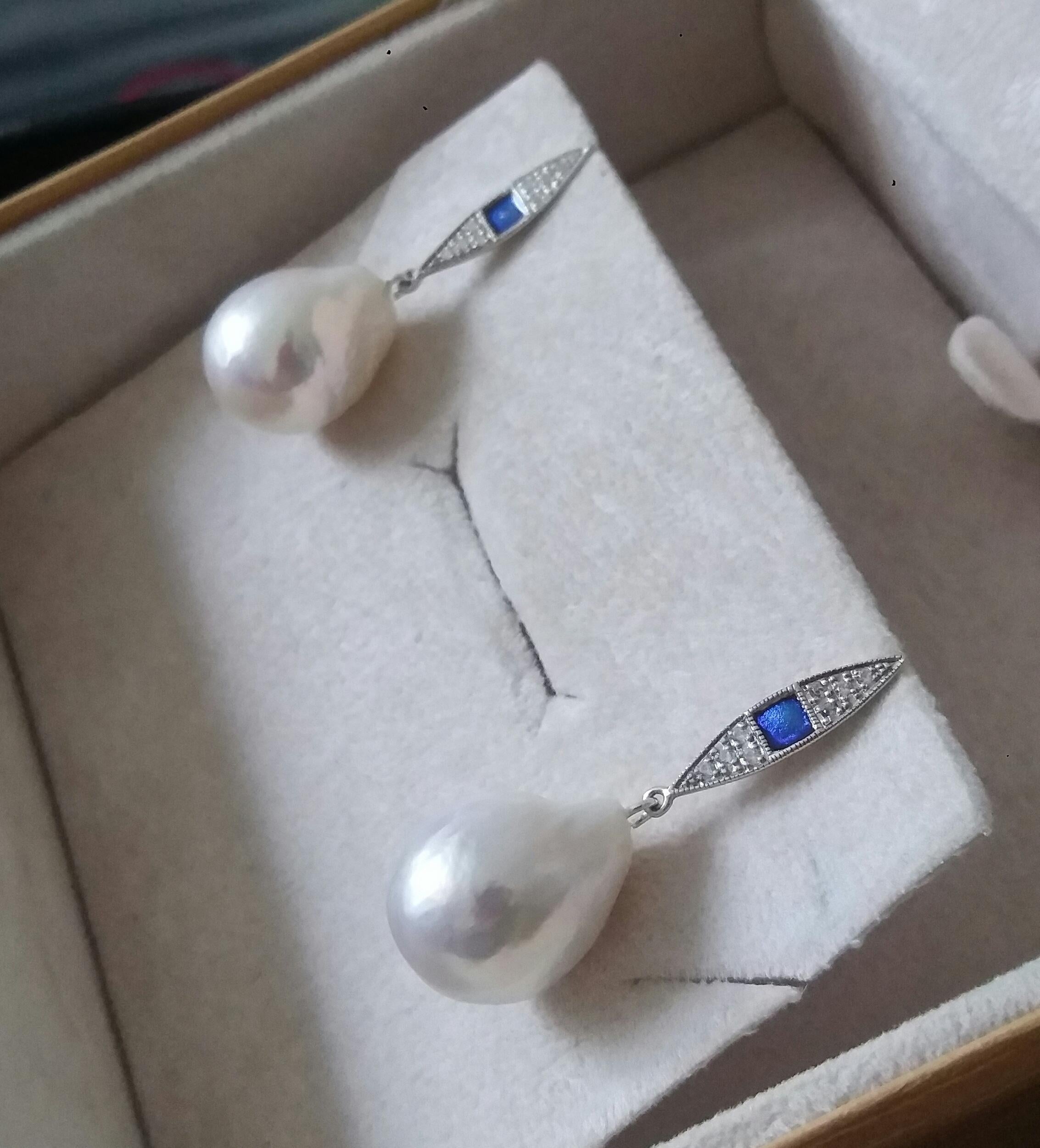 Art Deco Style Gold Diamonds Blue Enamel Pear Shape Baroque Pearls Earrings 1