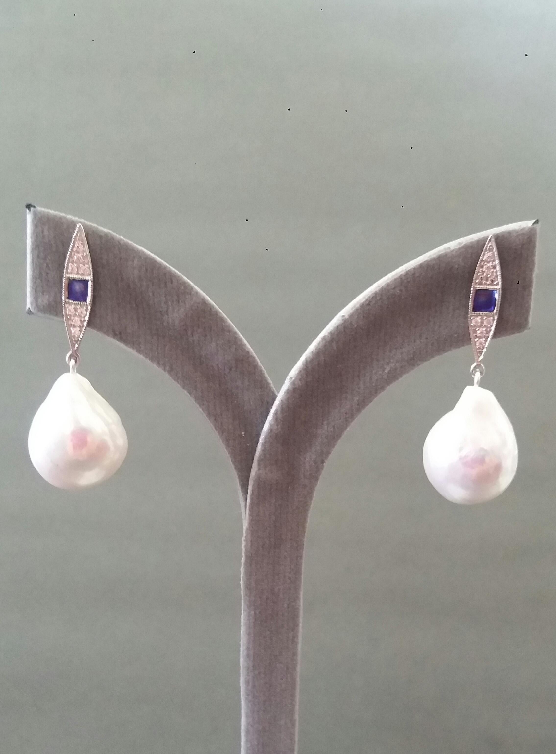 Art Deco Style Gold Diamonds Blue Enamel Pear Shape Baroque Pearls Earrings 2