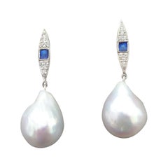 Art Deco Style Gold Diamonds Blue Enamel Pear Shape Baroque Pearls Earrings