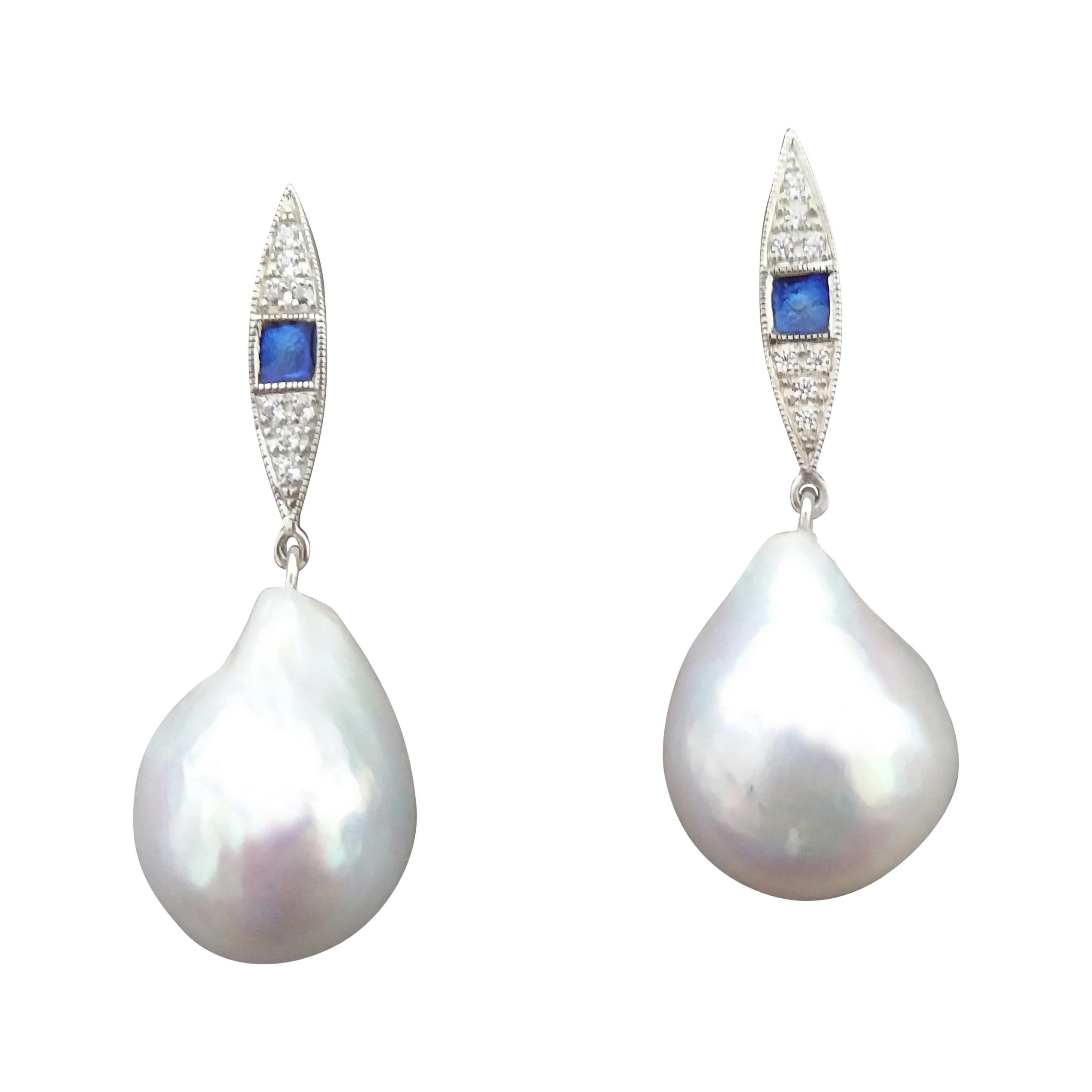 Art Deco Style Gold Diamonds Blue Enamel Pear Shape Baroque Pearls Earrings For Sale