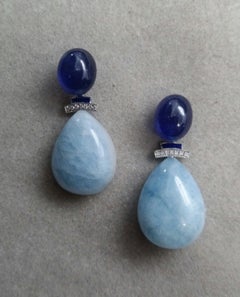Art Deco Style Gold Diamonds Blue Sapphire Enamel Aquamarine Drops Earrings