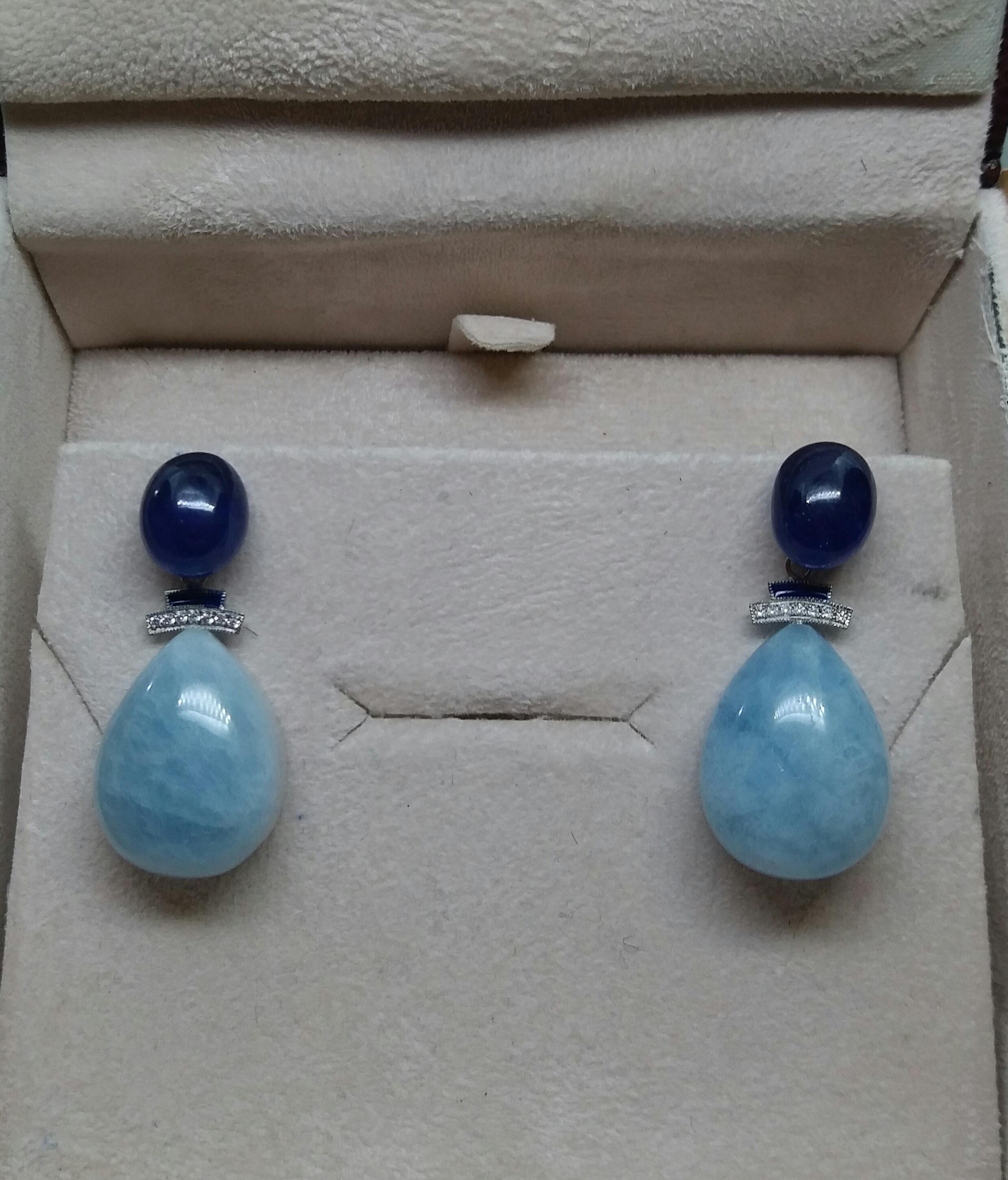 Women's Art Deco Style Gold Diamonds Blue Sapphire Enamel Aquamarine Drops Earrings