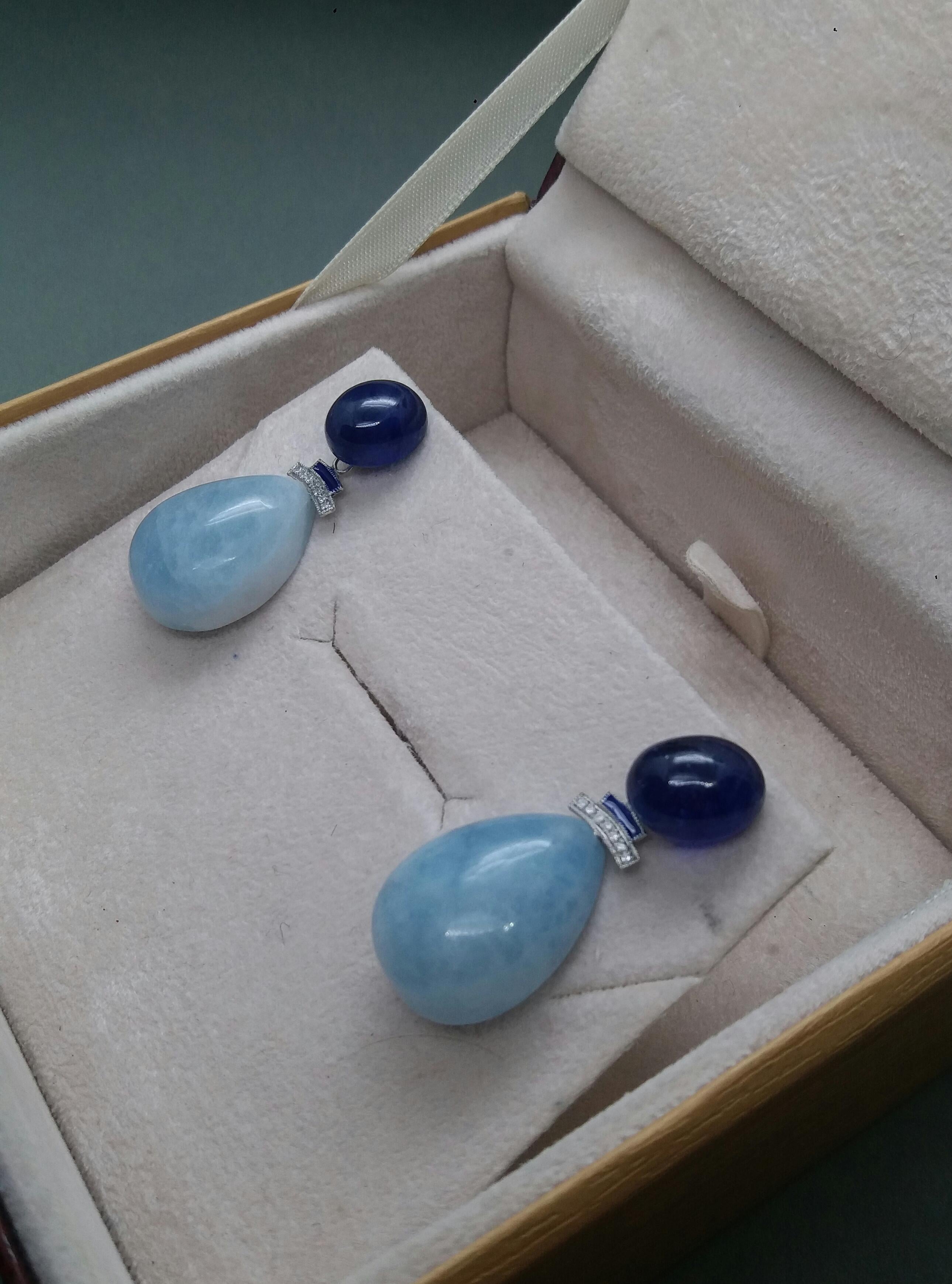 Art Deco Style Gold Diamonds Blue Sapphire Enamel Aquamarine Drops Earrings For Sale 1