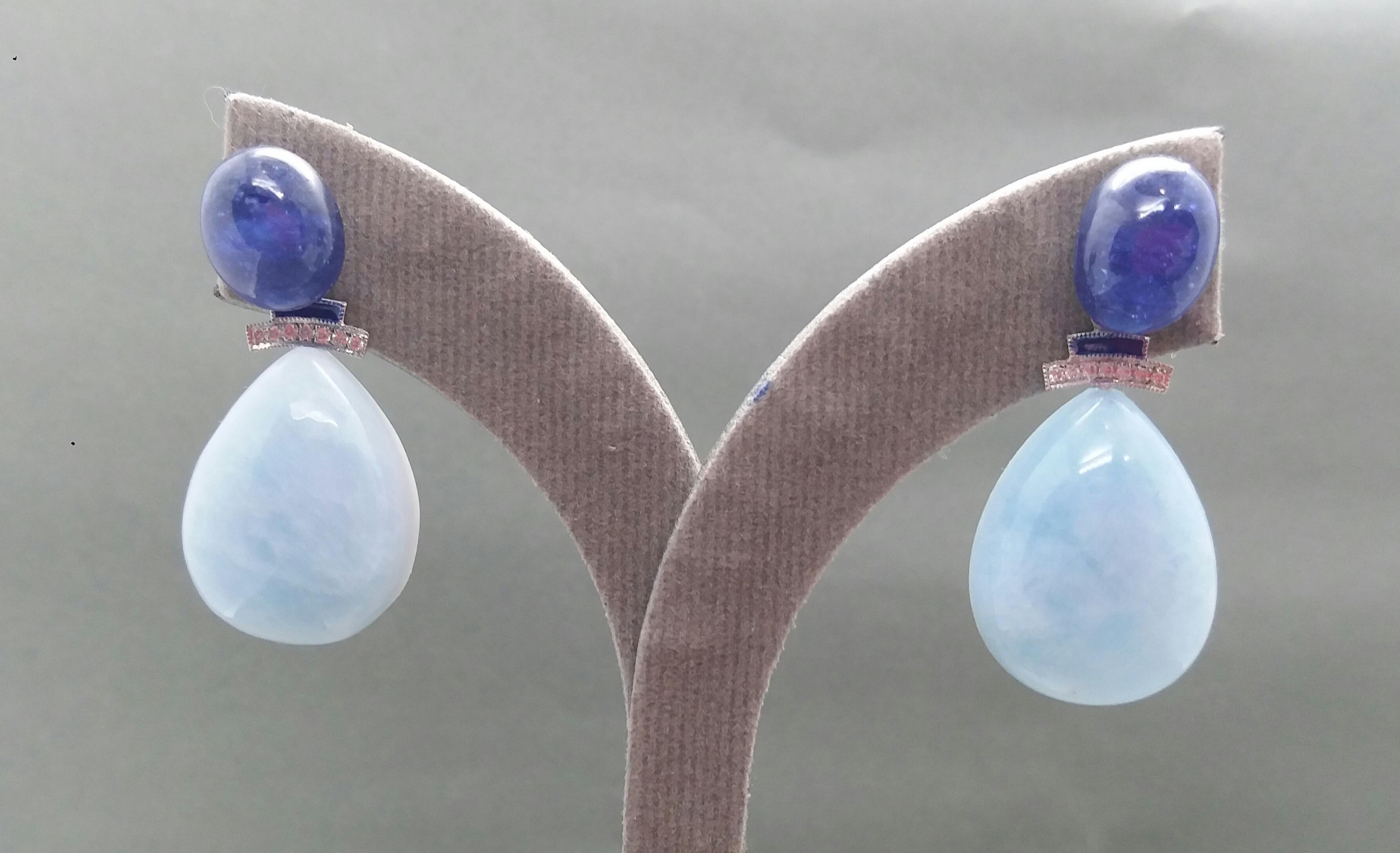 Art Deco Style Gold Diamonds Blue Sapphire Enamel Aquamarine Drops Earrings For Sale 3