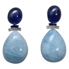 Art Deco Style Gold Diamonds Blue Sapphire Enamel Aquamarine Drops Earrings