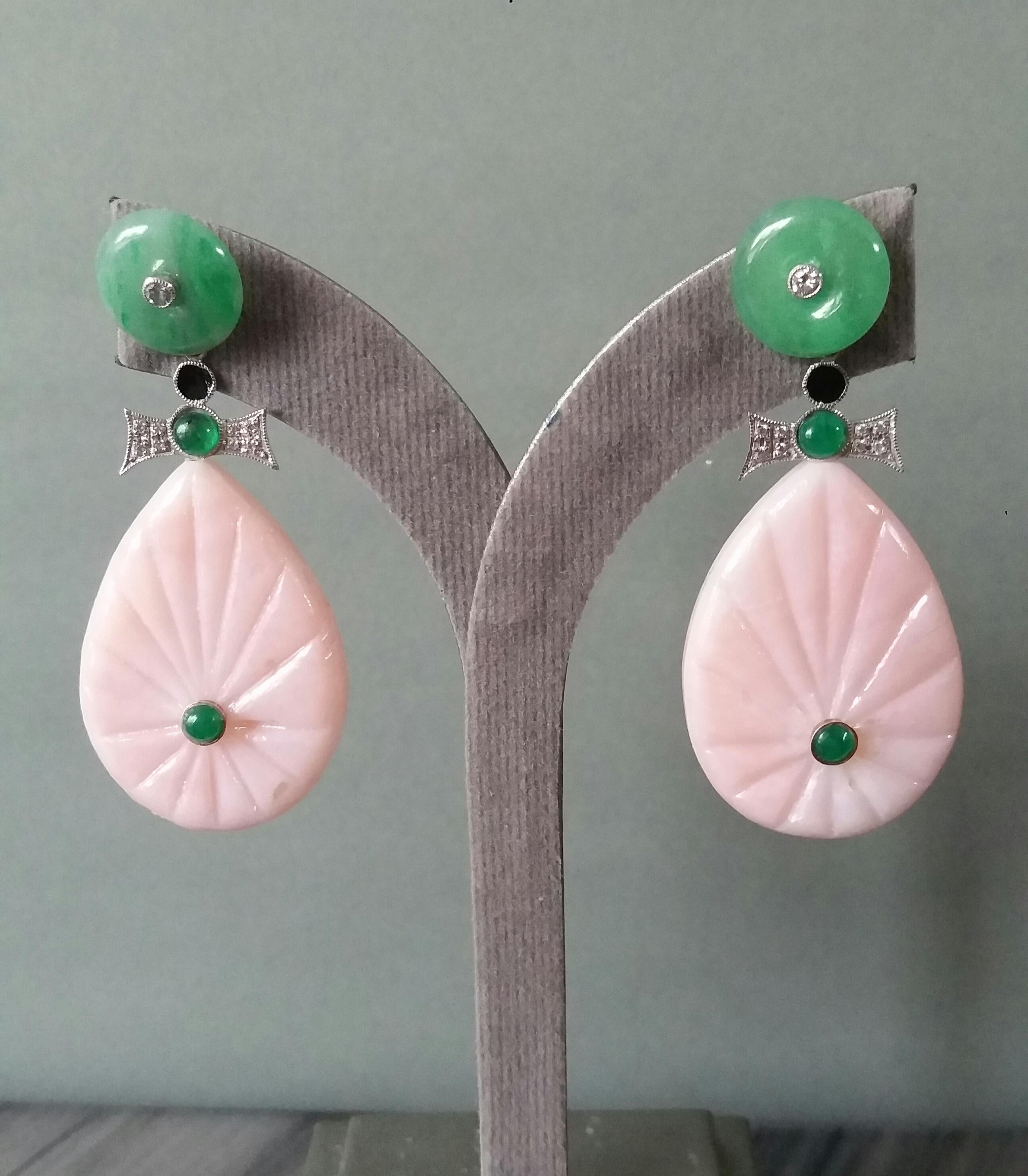 Art Deco Style Gold Diamonds Emerald Jades Enamel Carved Pink Opal Drop Earrings For Sale 4
