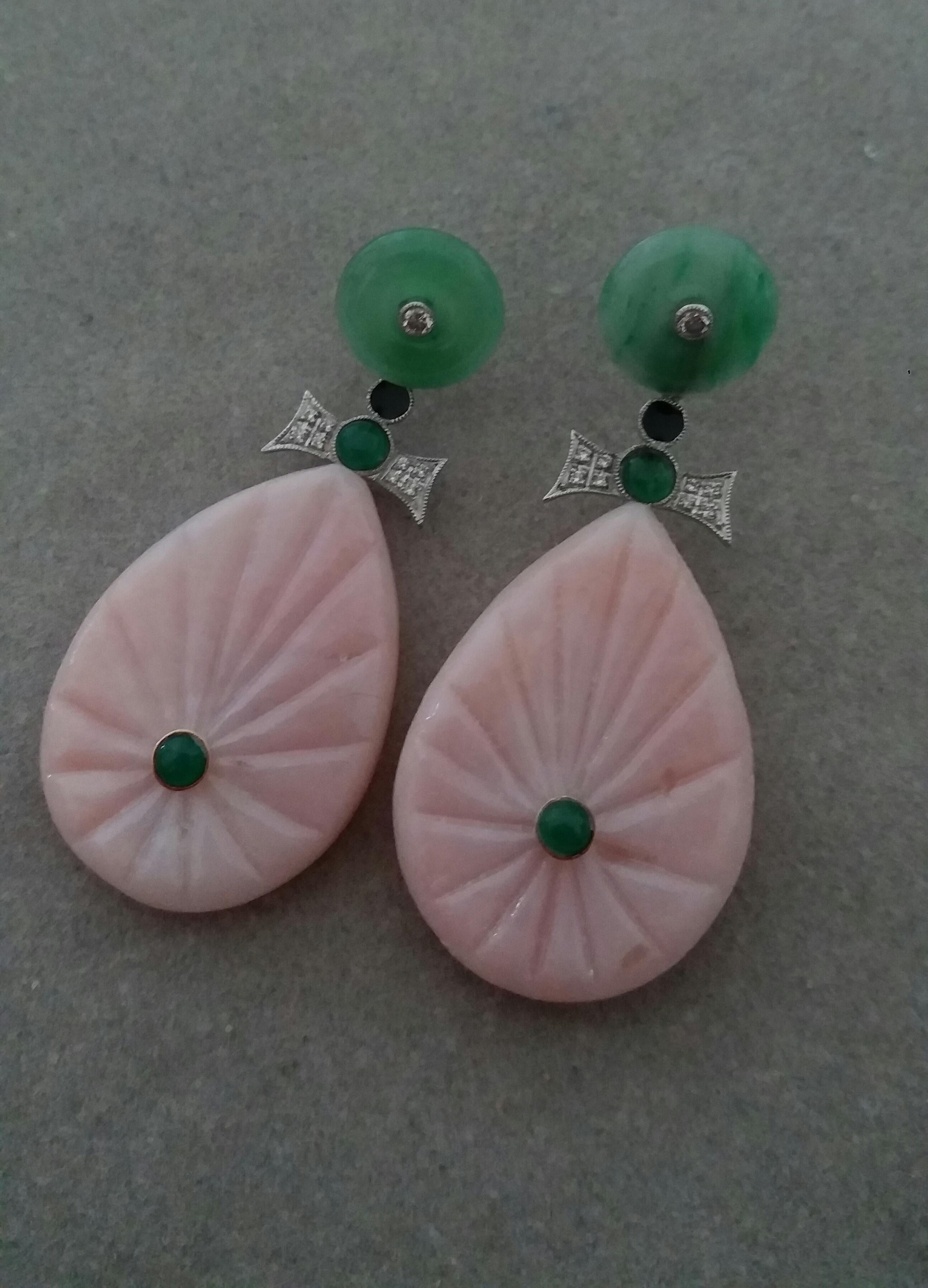 Art Deco Style Gold Diamonds Emerald Jades Enamel Carved Pink Opal Drop Earrings In Good Condition For Sale In Bangkok, TH