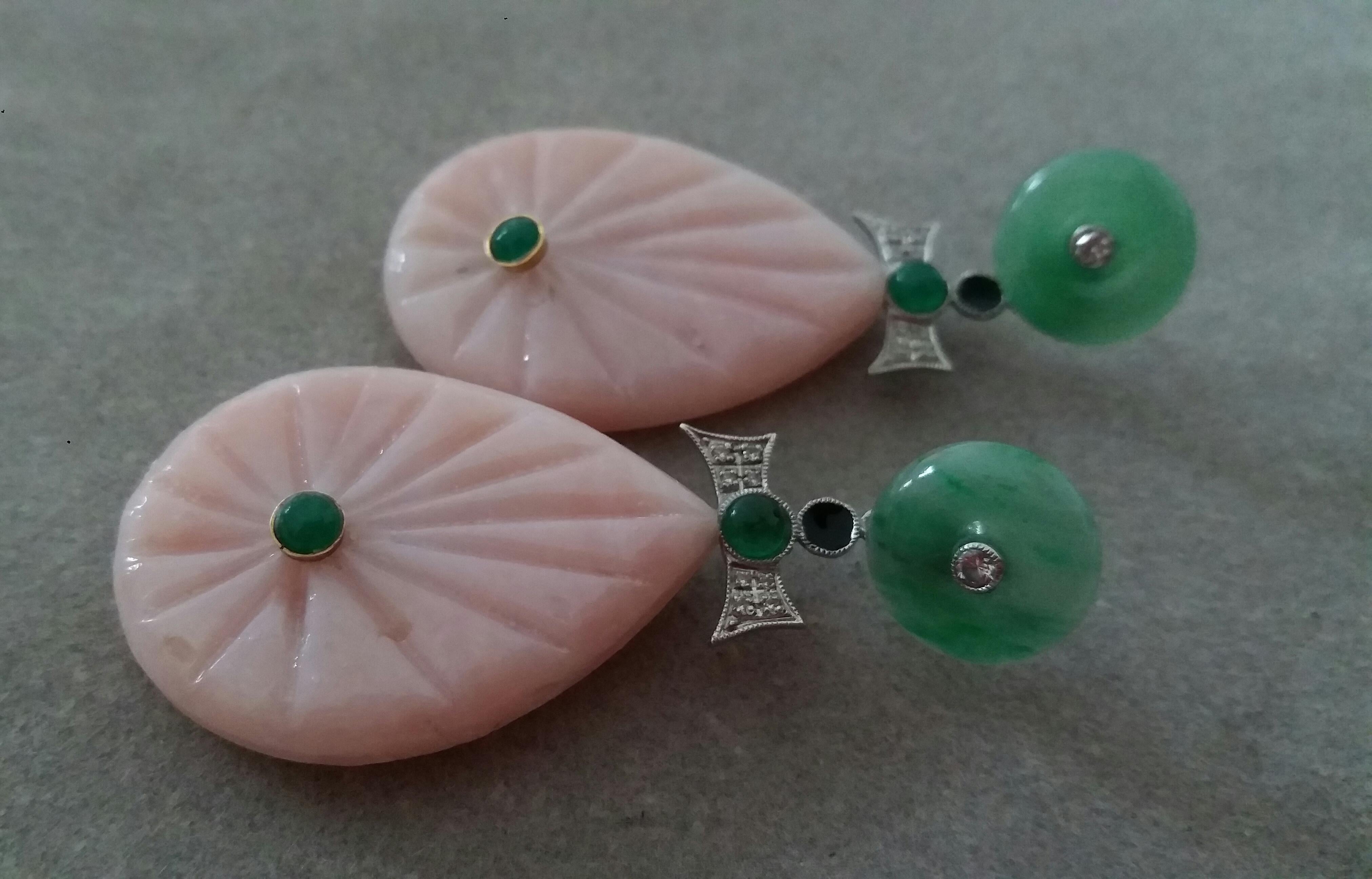 Women's Art Deco Style Gold Diamonds Emerald Jades Enamel Carved Pink Opal Drop Earrings For Sale
