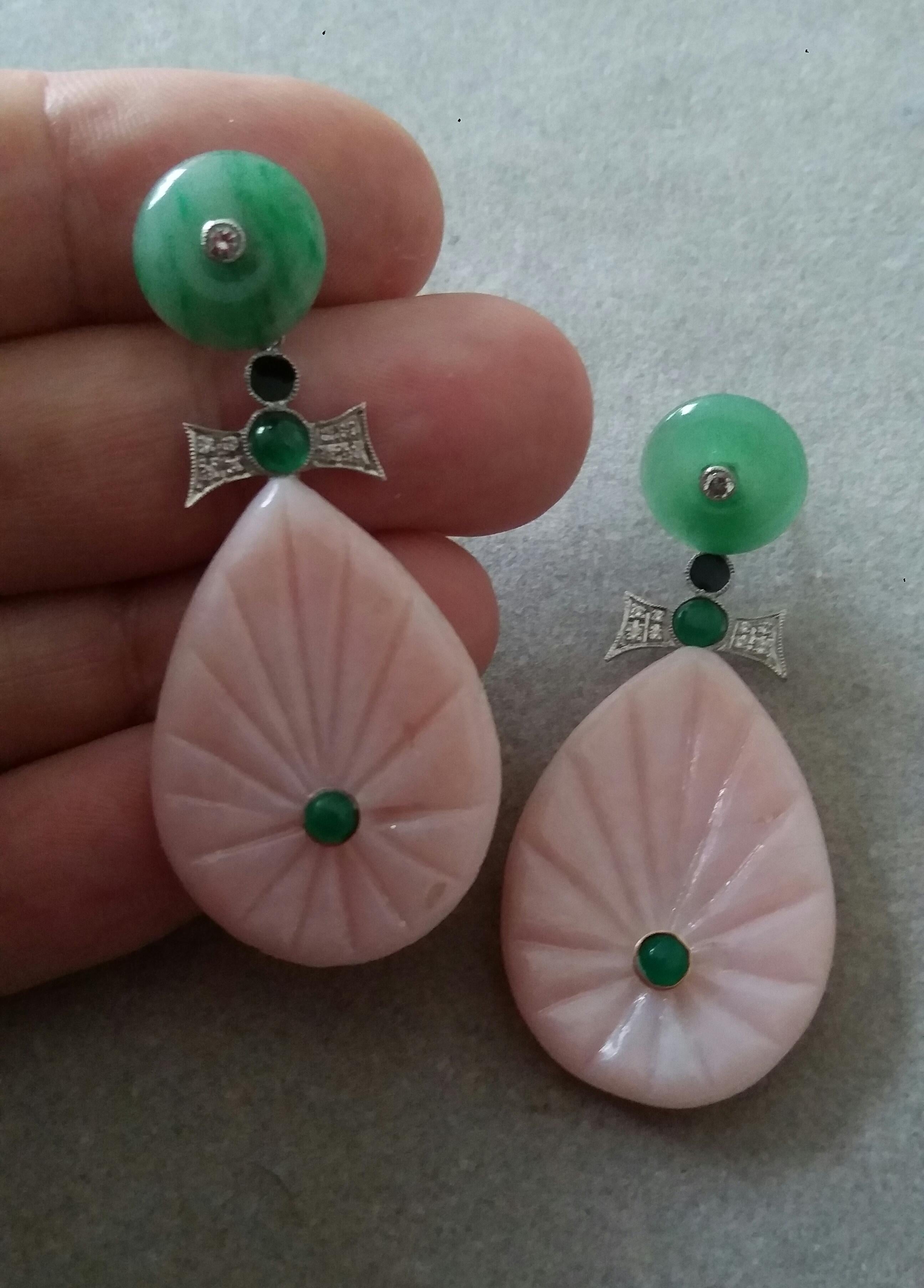 Art Deco Style Gold Diamonds Emerald Jades Enamel Carved Pink Opal Drop Earrings For Sale 1