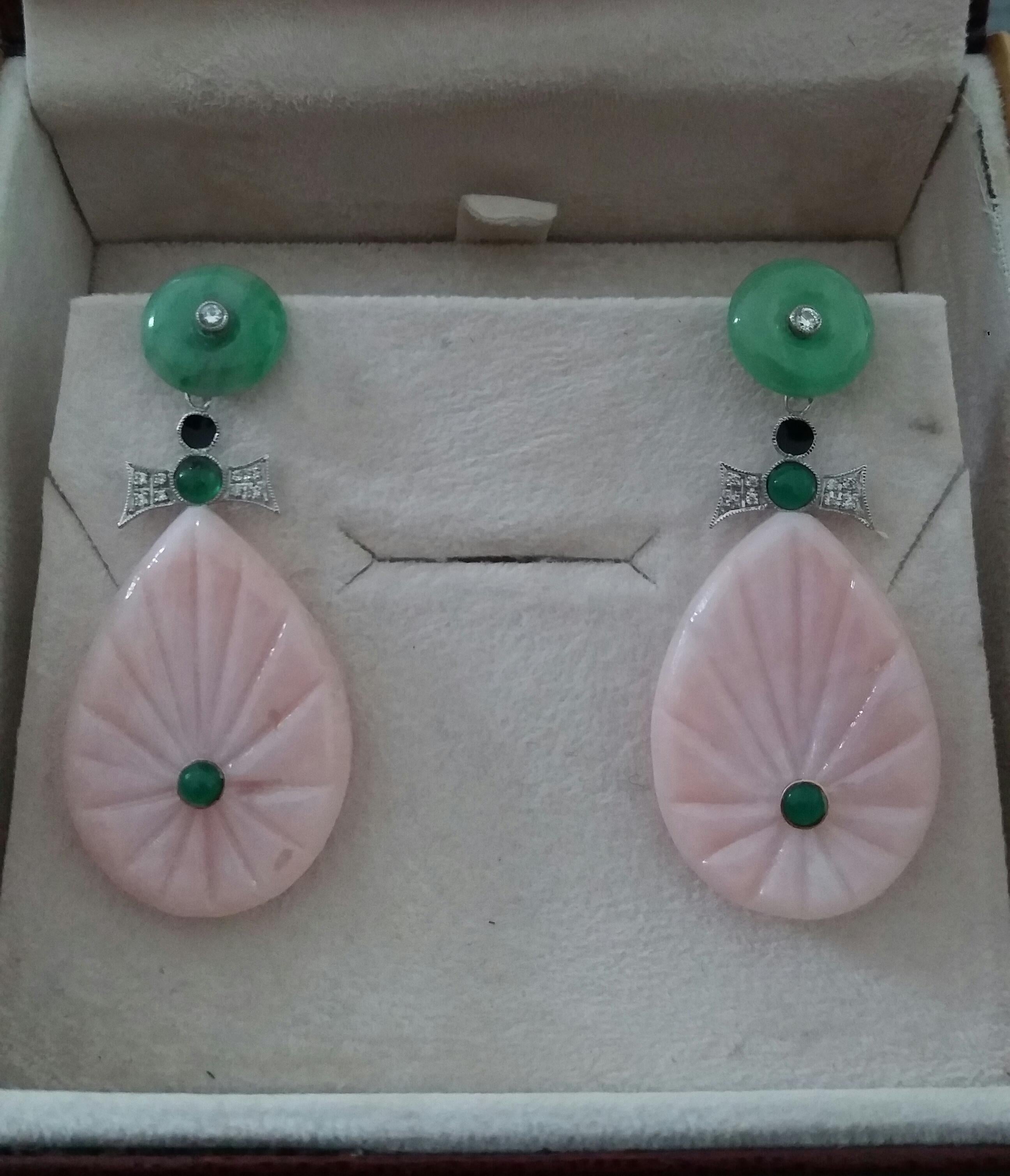 Art Deco Style Gold Diamonds Emerald Jades Enamel Carved Pink Opal Drop Earrings For Sale 2