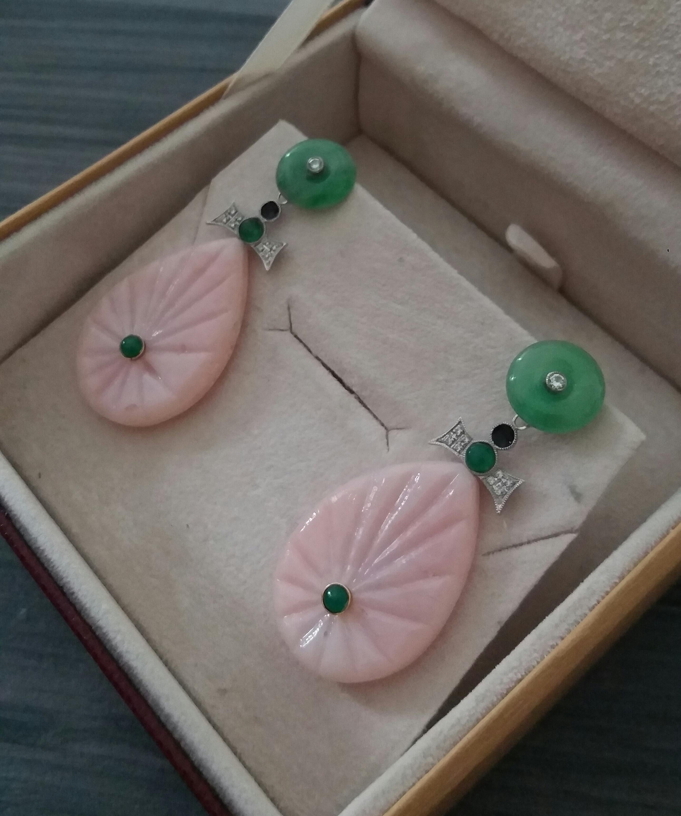 Art Deco Style Gold Diamonds Emerald Jades Enamel Carved Pink Opal Drop Earrings For Sale 3